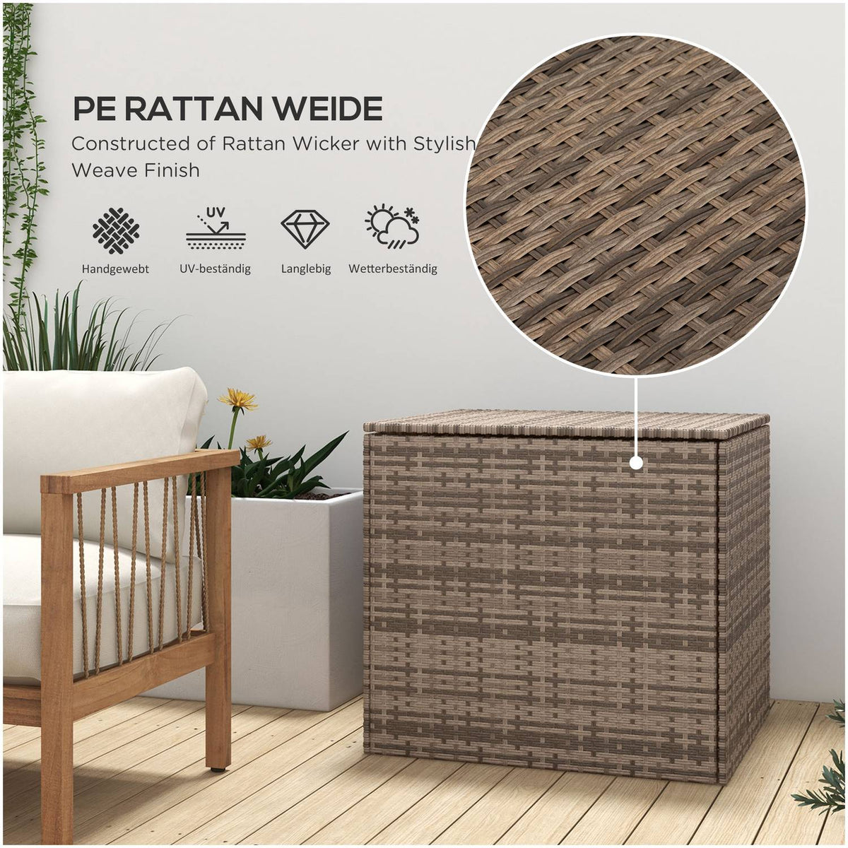 Polyrattan storage box, cushion box with lid, automatic lifting, weatherproof storage box for garden, balcony, 75 x 75 x 70 cm, sand