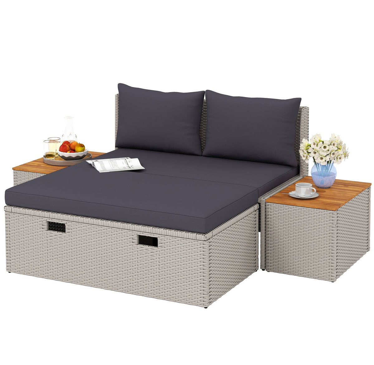 Polyrattan sun lounger for 2 people, double lounger with footstool, storage space, umbrella hole, weatherproof garden lounger, 320 kg, load-bearing garden furniture, deck chair, relaxation lounger for garden, 125 x 114 x 72.5 cm, gray