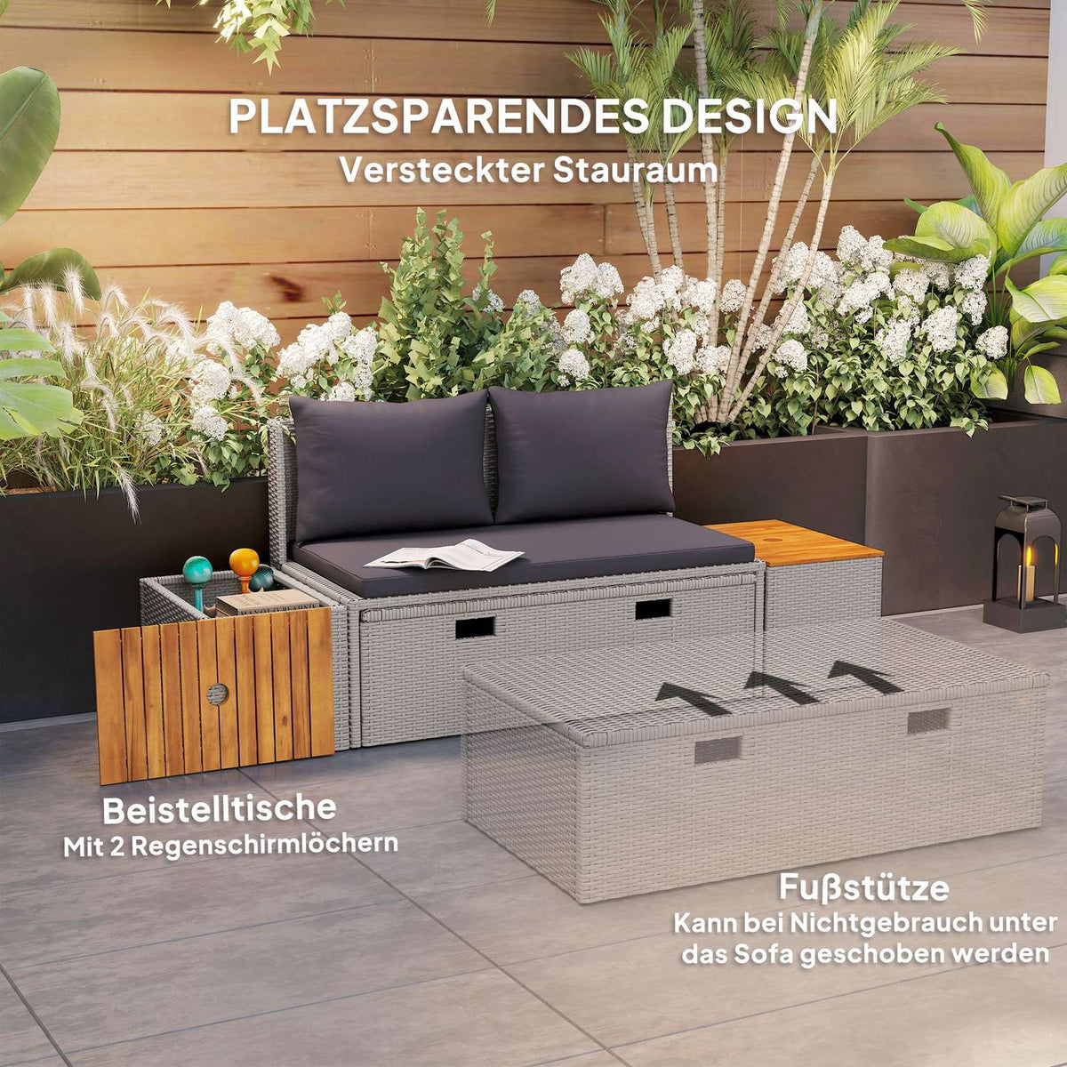 Polyrattan sun lounger for 2 people, double lounger with footstool, storage space, umbrella hole, weatherproof garden lounger, 320 kg, load-bearing garden furniture, deck chair, relaxation lounger for garden, 125 x 114 x 72.5 cm, gray