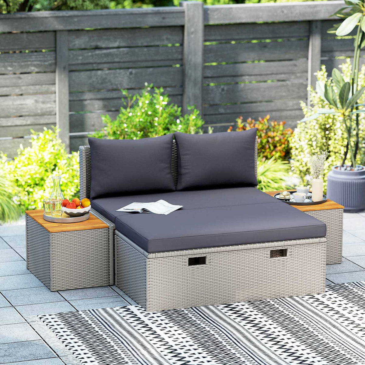 Polyrattan sun lounger for 2 people, double lounger with footstool, storage space, umbrella hole, weatherproof garden lounger, 320 kg, load-bearing garden furniture, deck chair, relaxation lounger for garden, 125 x 114 x 72.5 cm, gray