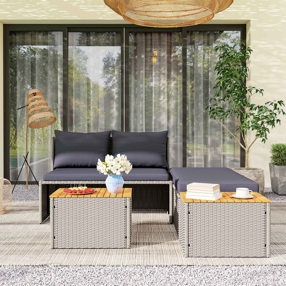 Polyrattan sun lounger for 2 people, double lounger with footstool, storage space, umbrella hole, weatherproof garden lounger, 320 kg, load-bearing garden furniture, deck chair, relaxation lounger for garden, 125 x 114 x 72.5 cm, gray