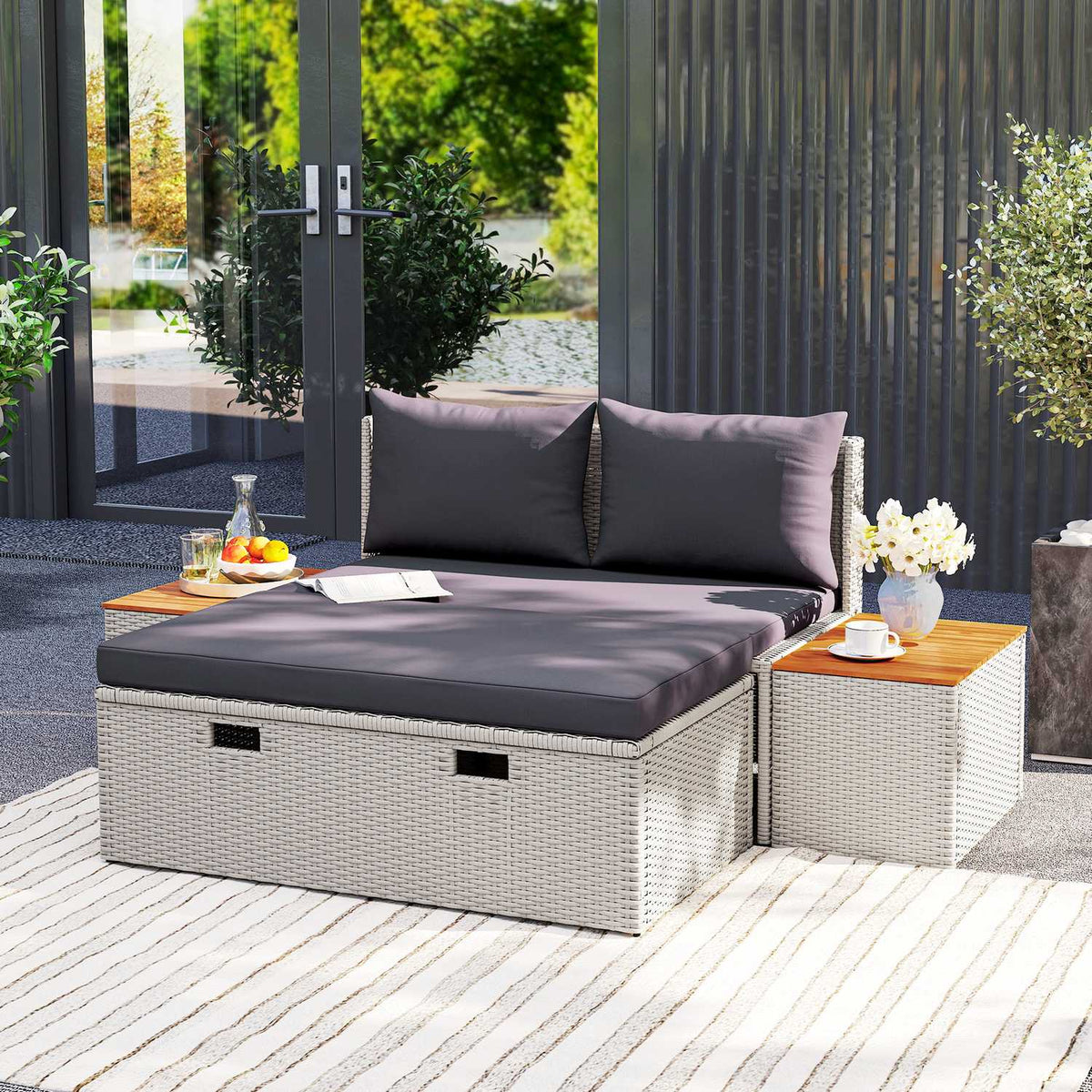 Polyrattan sun lounger for 2 people, double lounger with footstool, storage space, umbrella hole, weatherproof garden lounger, 320 kg, load-bearing garden furniture, deck chair, relaxation lounger for garden, 125 x 114 x 72.5 cm, gray