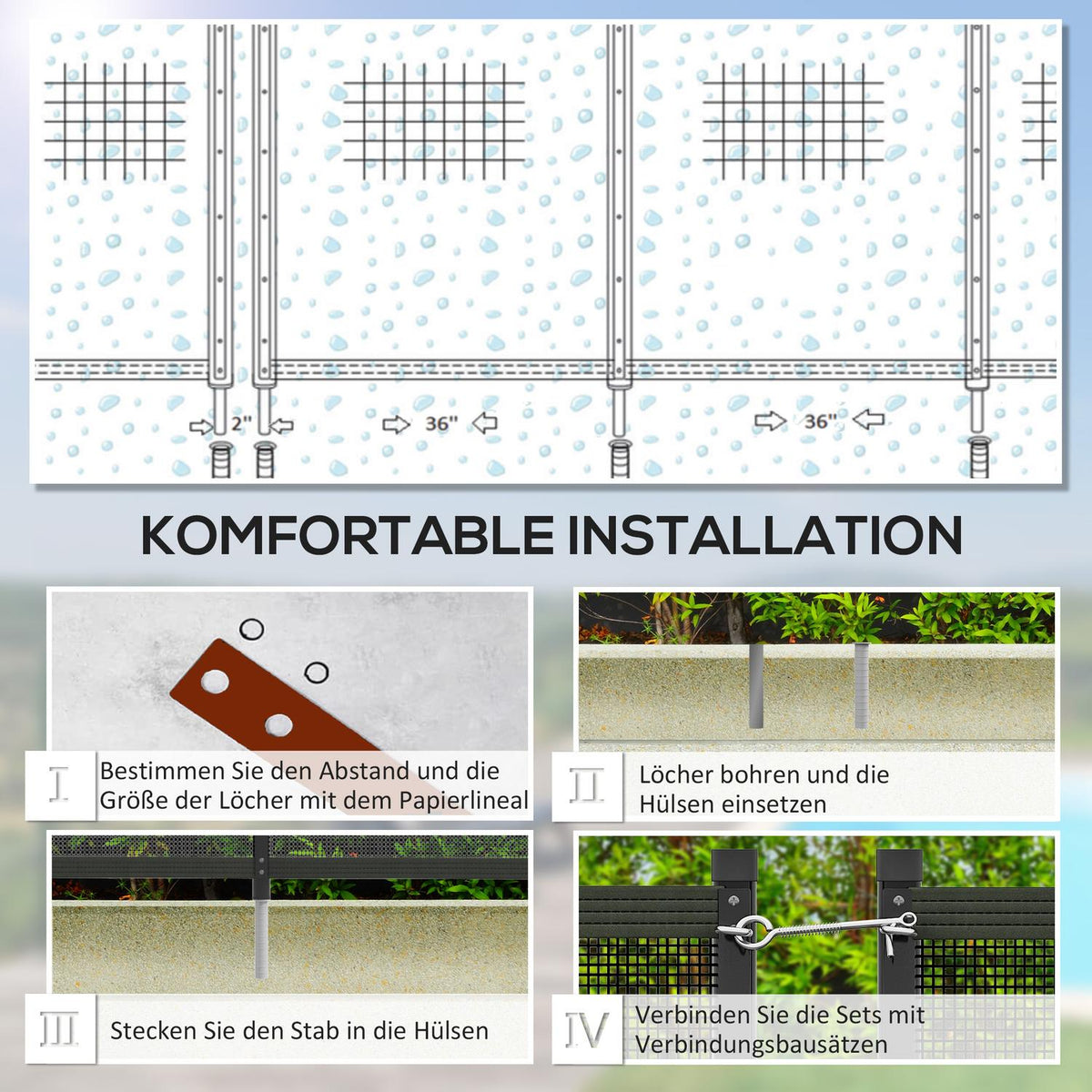 Pond Fence, 365 X 126 Cm Garden Fence, Set Of 4 Decorative Pool Fence With Foot Plug-In Fence For Patio, Balcony, Mesh, Black