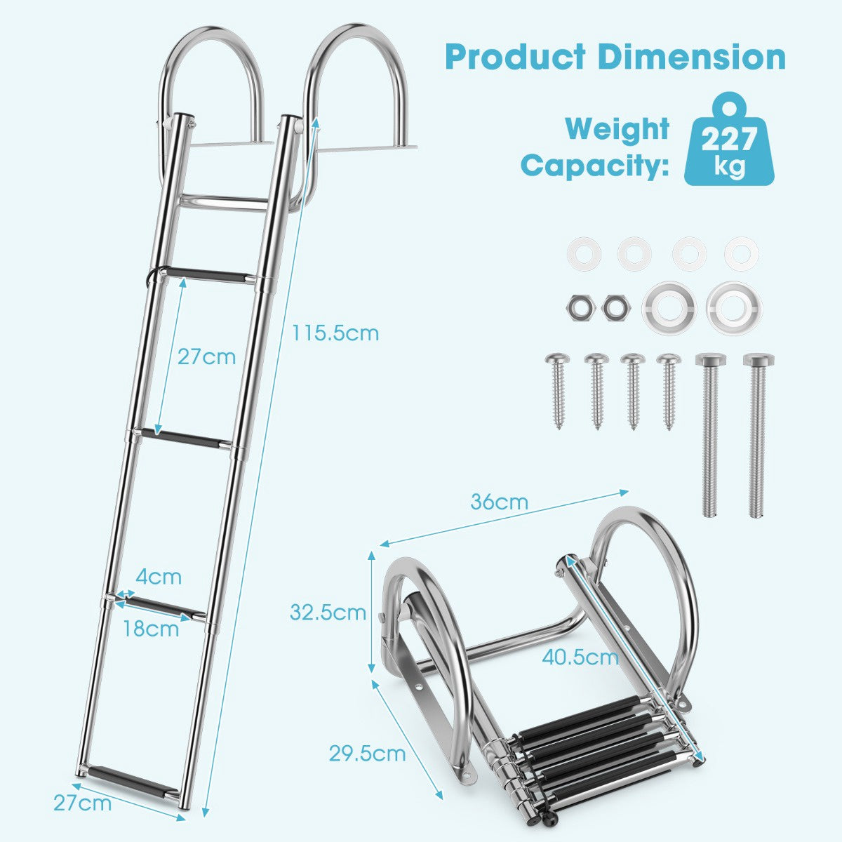 Pontoon Boat Ladder, 4-Step Folding, 500 lb Capacity