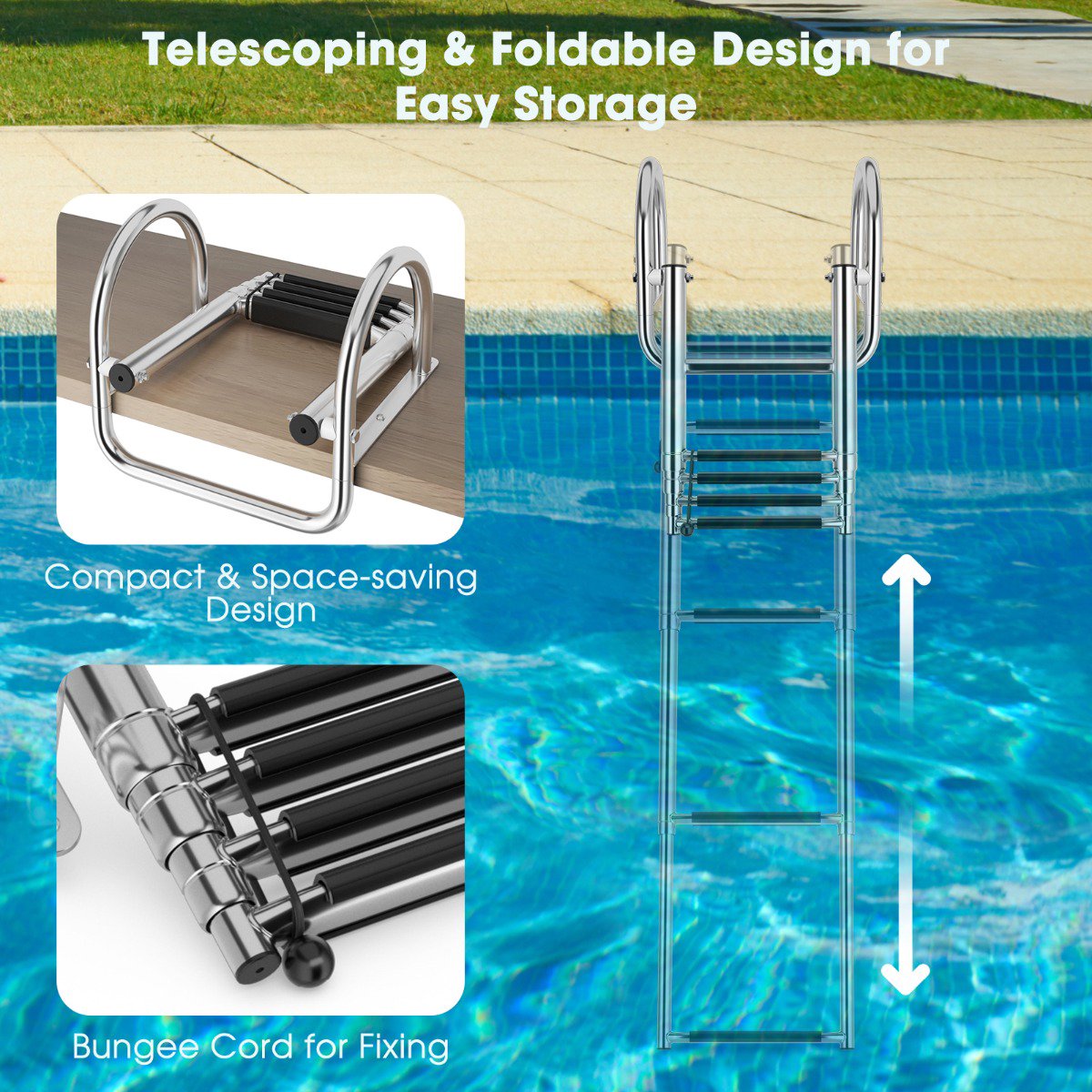 Pontoon Boat Ladder, 4-Step Folding, 500 lb Capacity