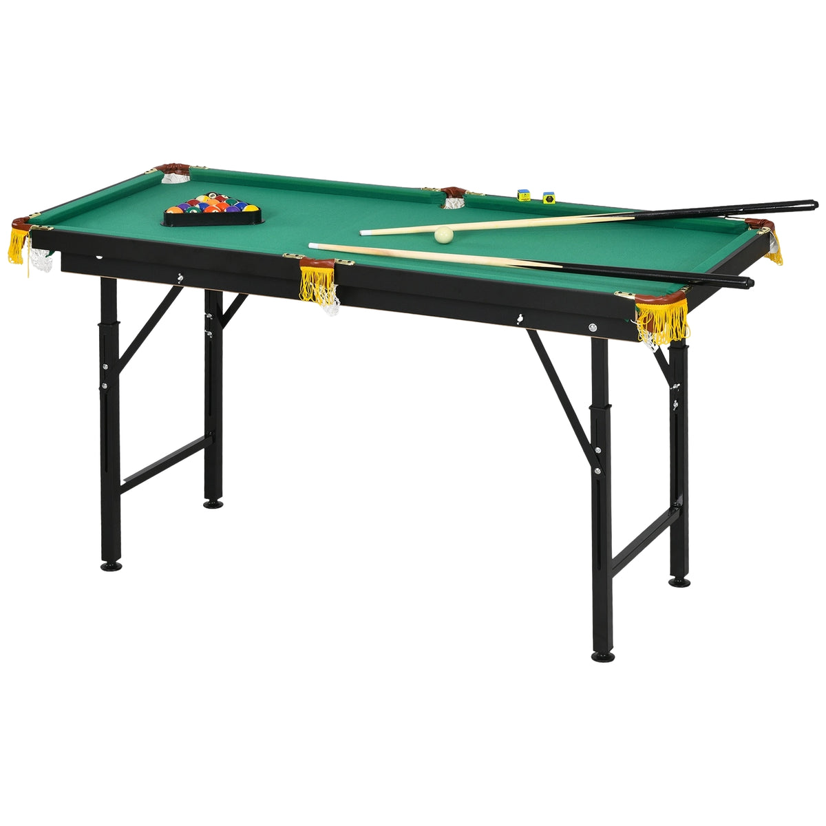 Pool Table 4.6Ft Foldable 140 X 60 X 55-75 Cm Table Billiards With Accessories, Triangle, 2 Cues, 16 Balls For Youth, Adults, Steel, Green