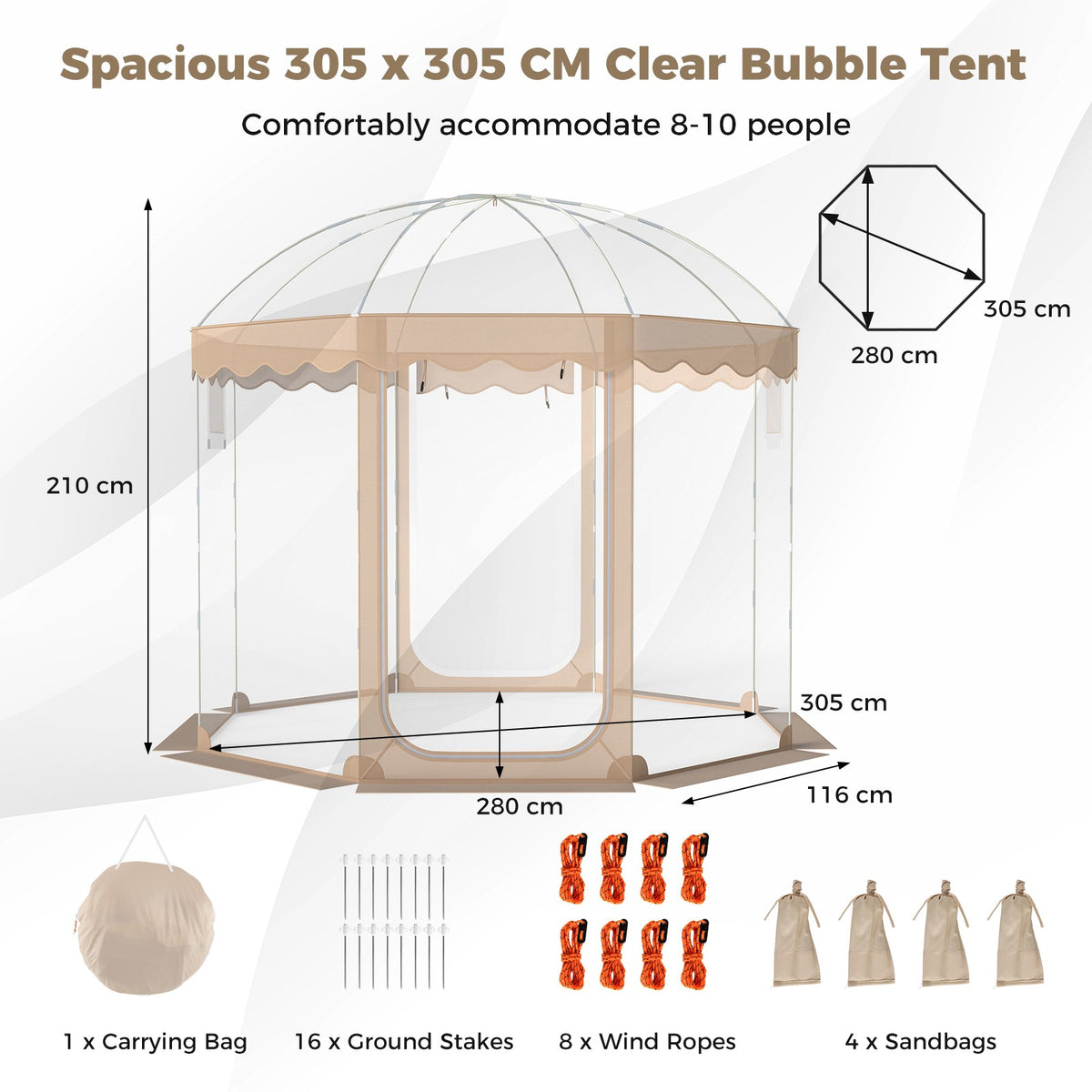 Pop-Up Bubble Tent 10x10 Ft, 8-10 Person, Clear PVC