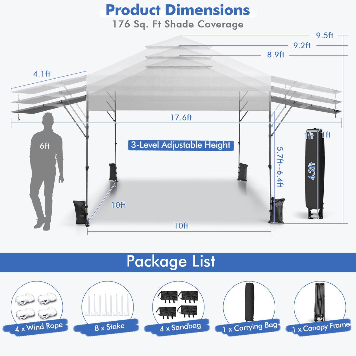 Pop-Up Canopy Tent With Dual Awnings, 300x537cm, UPF 50+