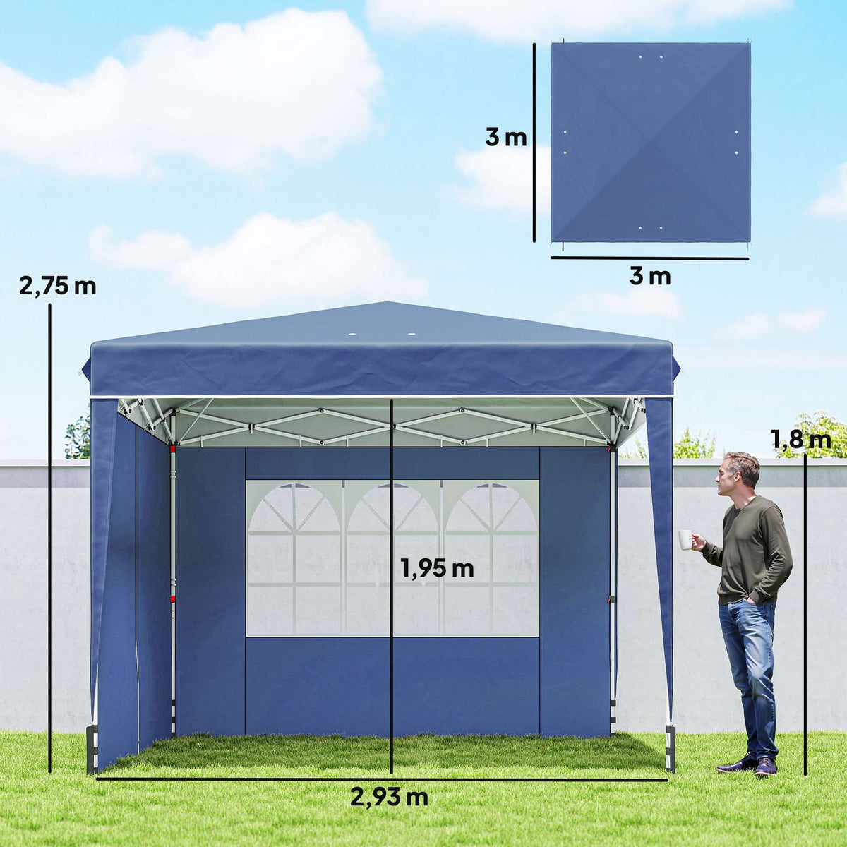 Pop-Up Gazebo 3x3m, Waterproof, Adjustable Height, Blue