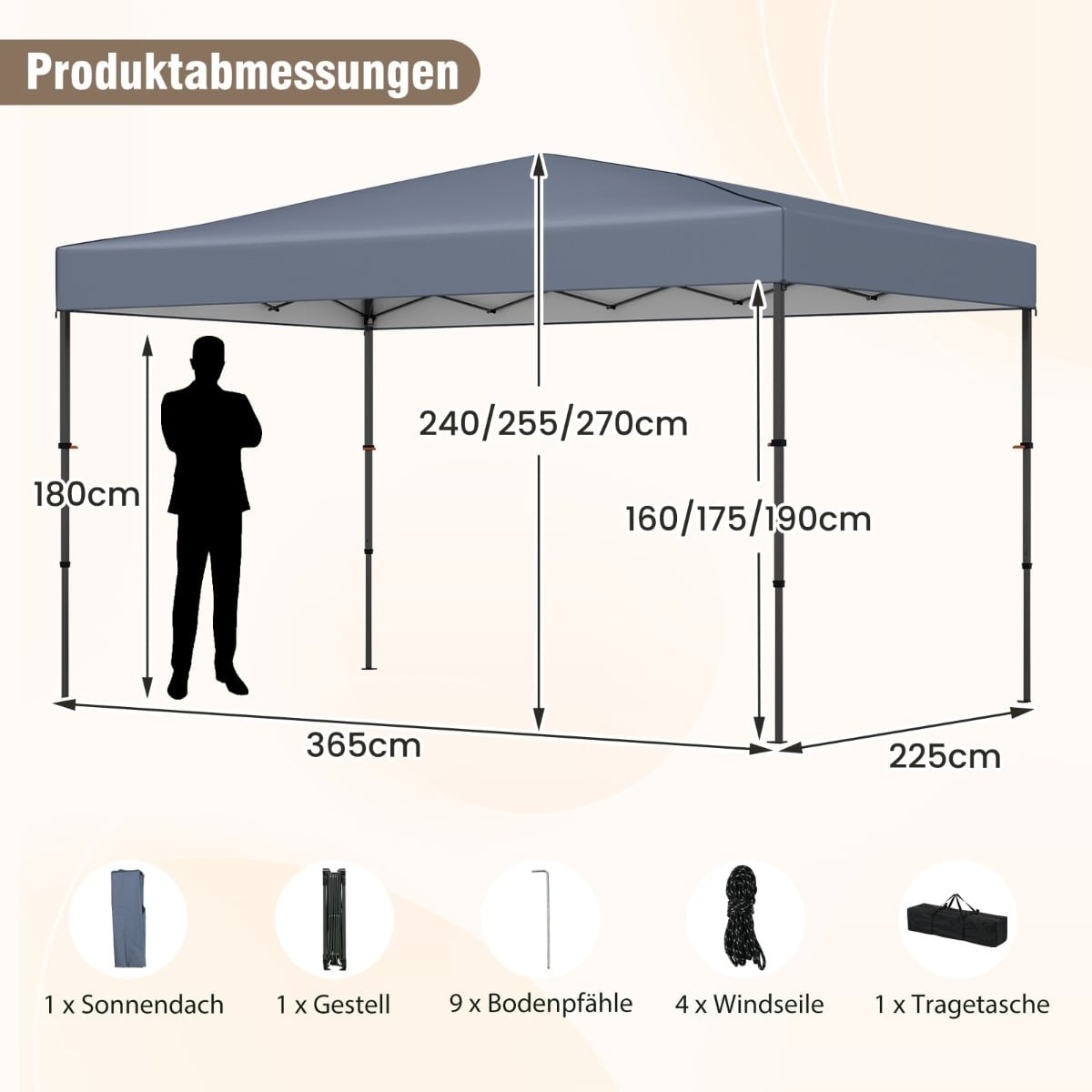 Pop-Up Pavilion 365x225 cm, UV Protection, Portable Bag
