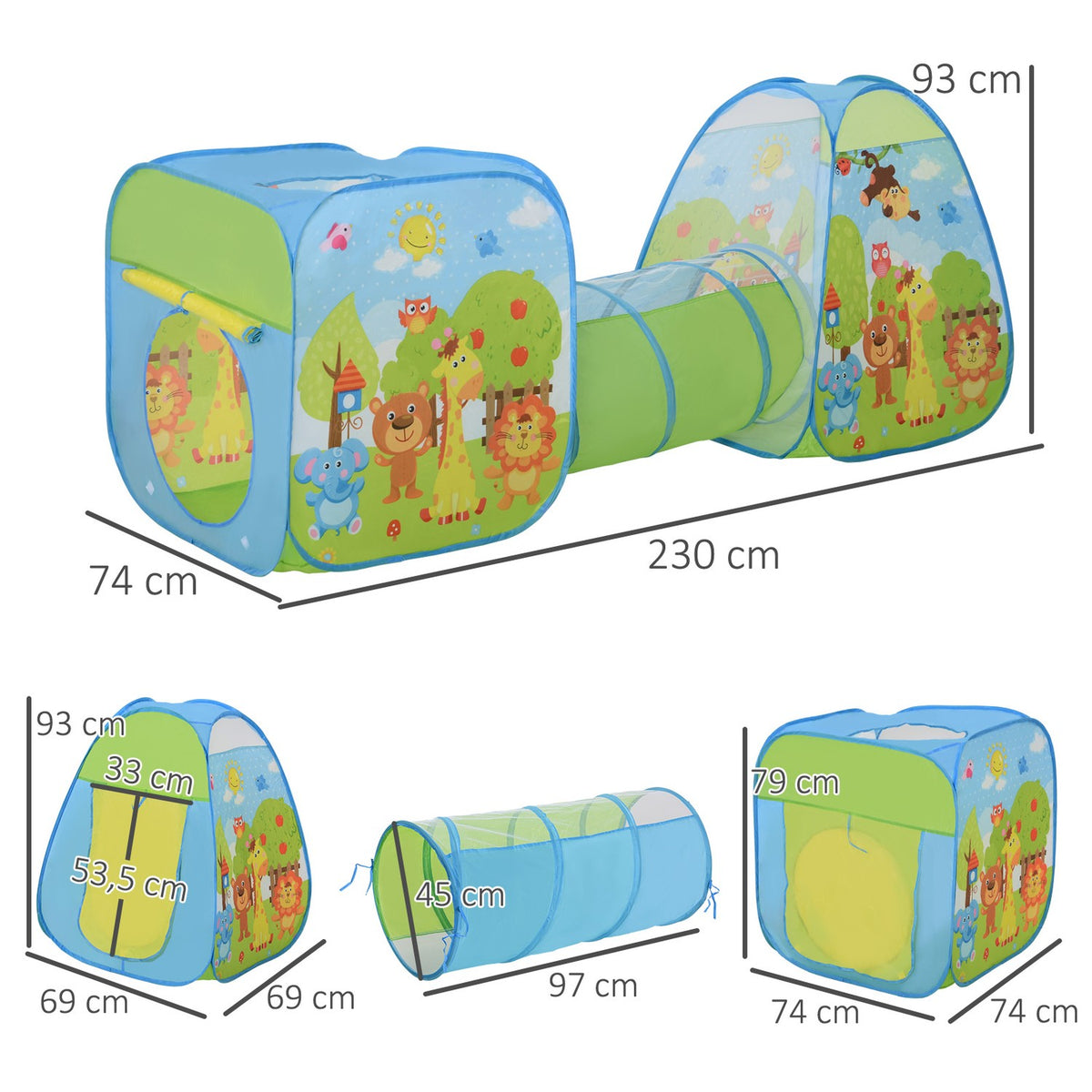 Pop-Up Play Tent 3-Part Tunnel Foldable Polyester 230X74X93Cm