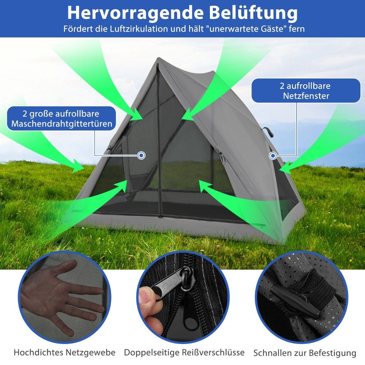 Pop up tent for 2-3 people 360° one-sided transparent family tent 225 x 145 x 161 cm gray