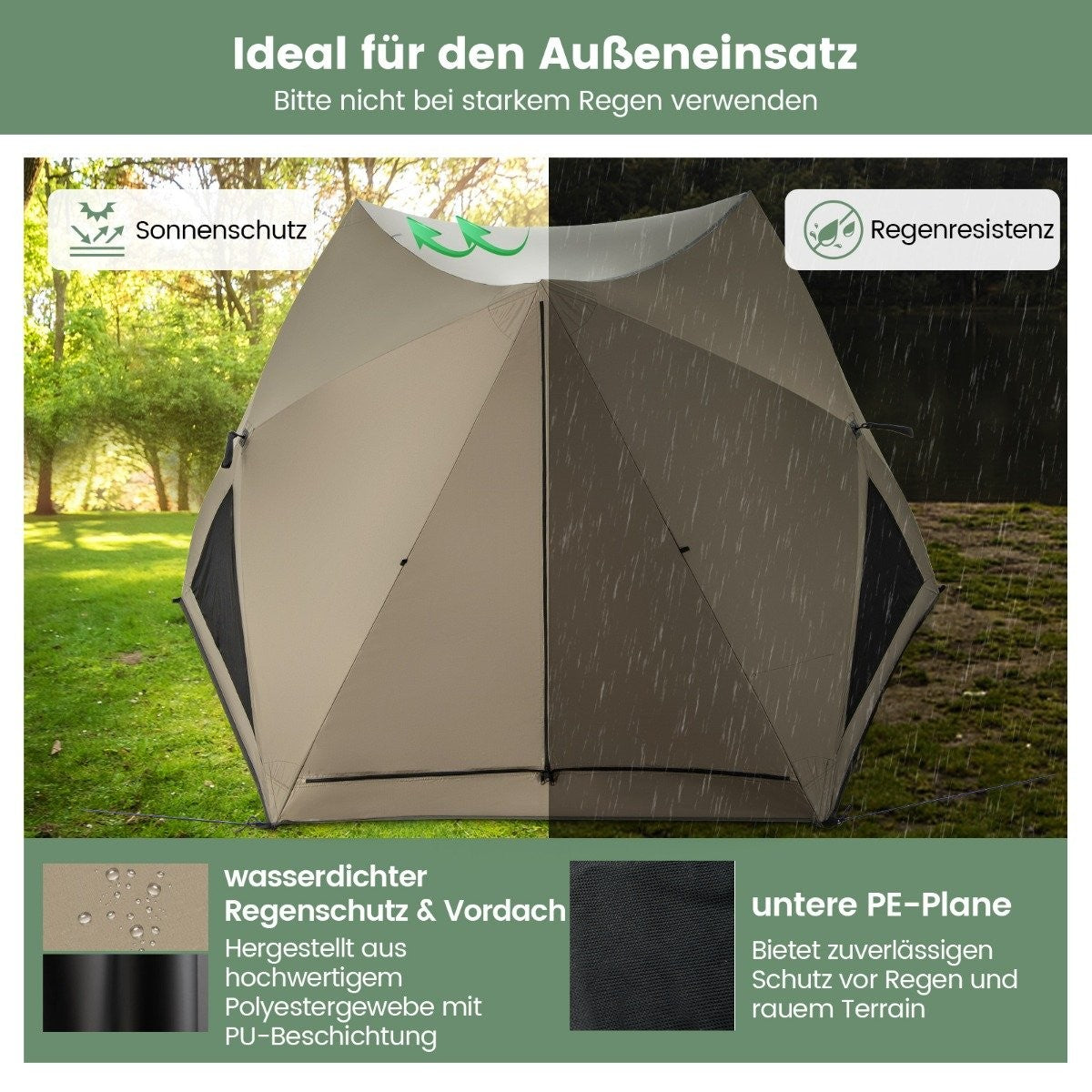 Pop up tent for 4-6 people camping tent with canopy waterproof family tent 285 x 250 x 147 cm olive green
