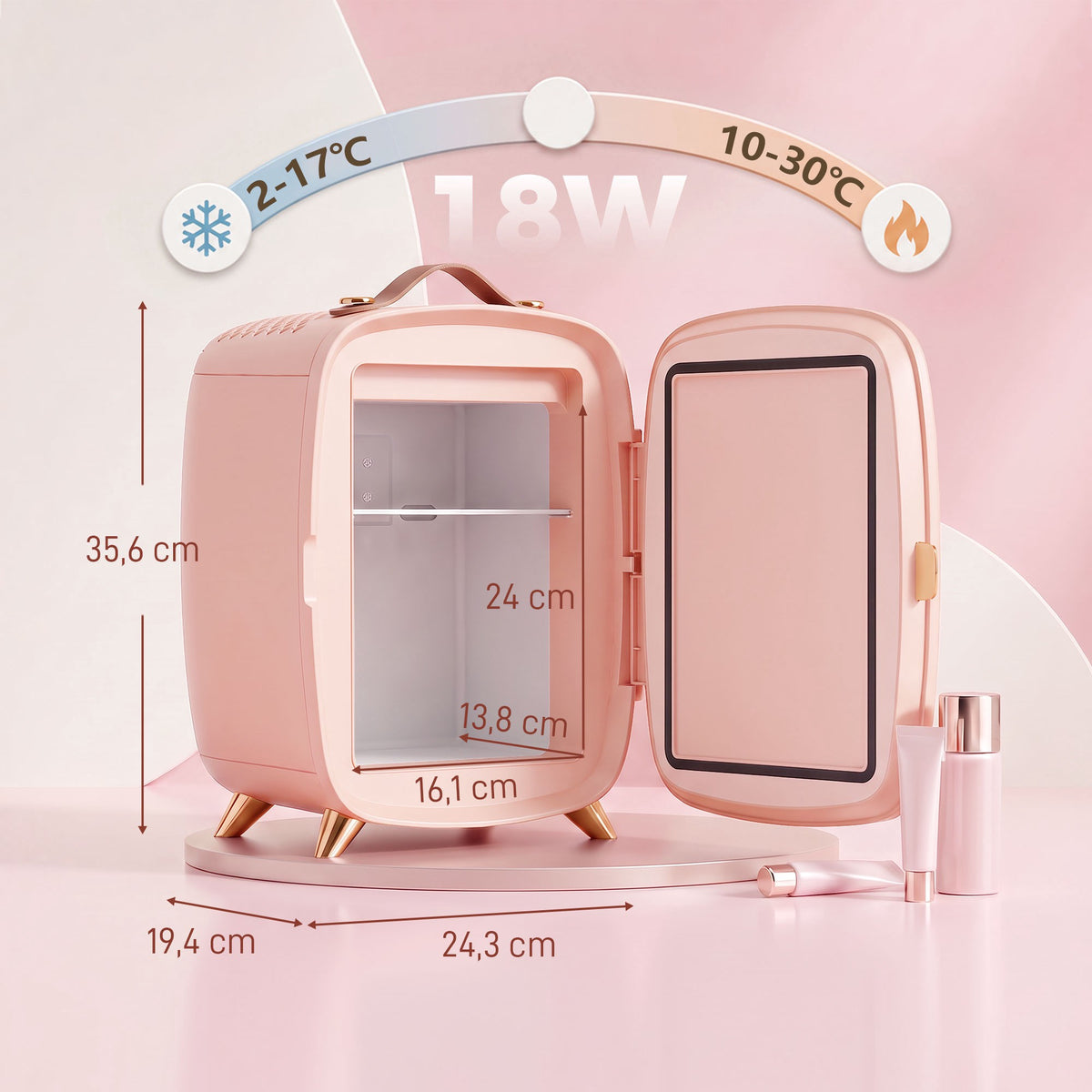 Portable 6L Pink Mini Fridge with LED Mirror for Cosmetics