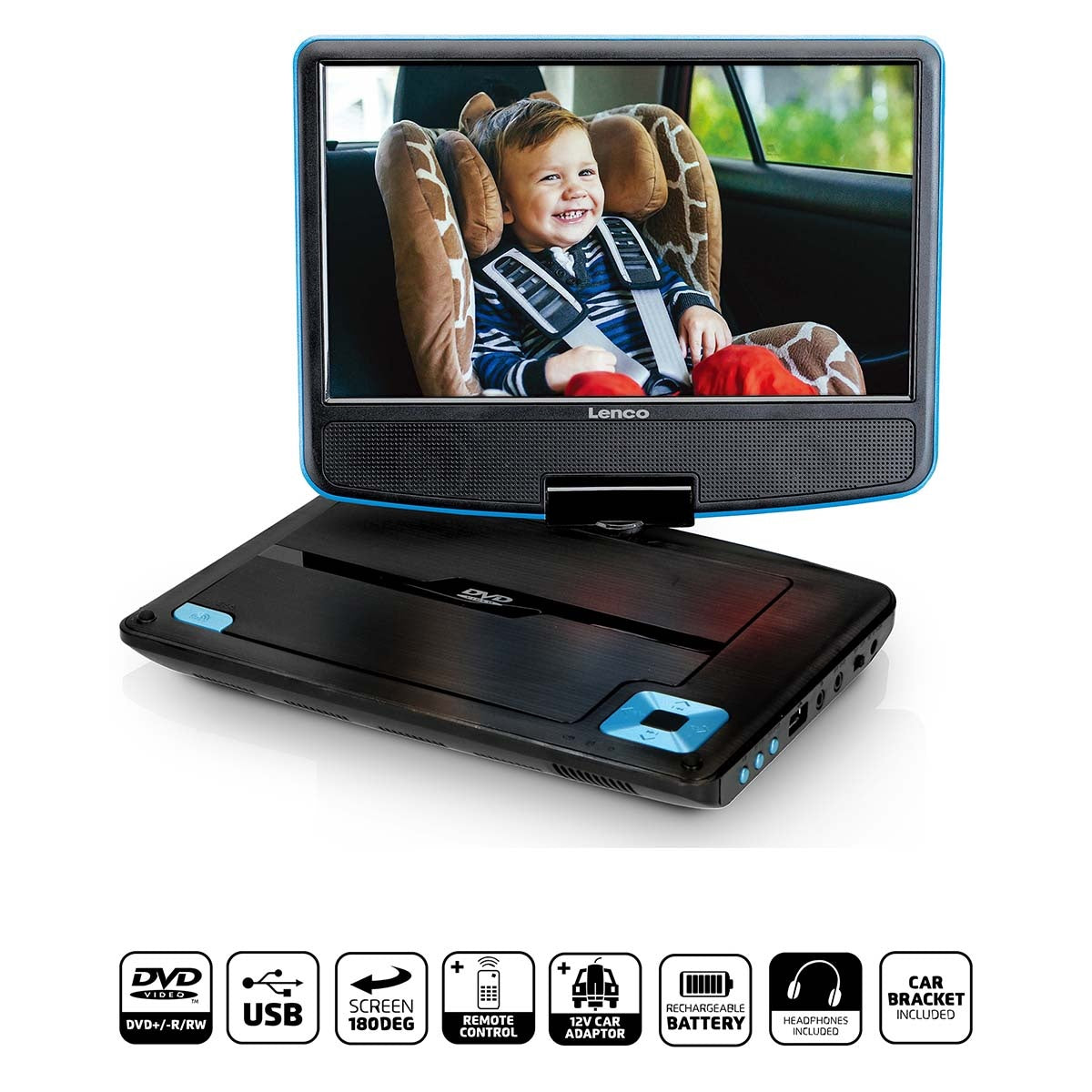 Portable 9" DVD player with USB headphones and mounting bracket Blue / Black