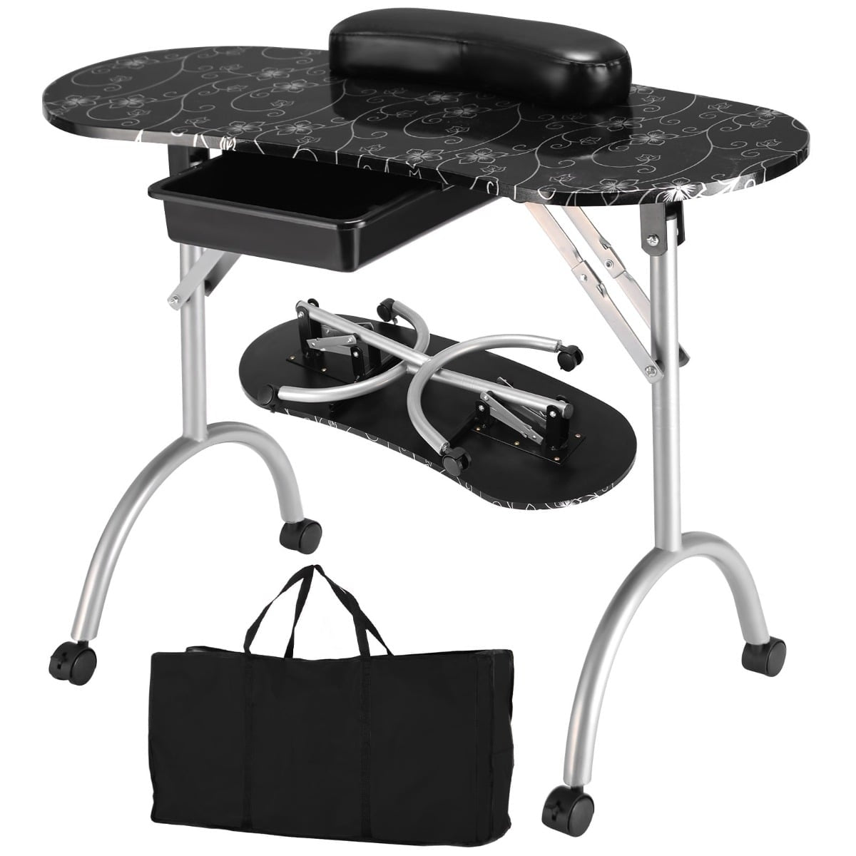 Portable Black Manicure Table with Drawer & Wheels
