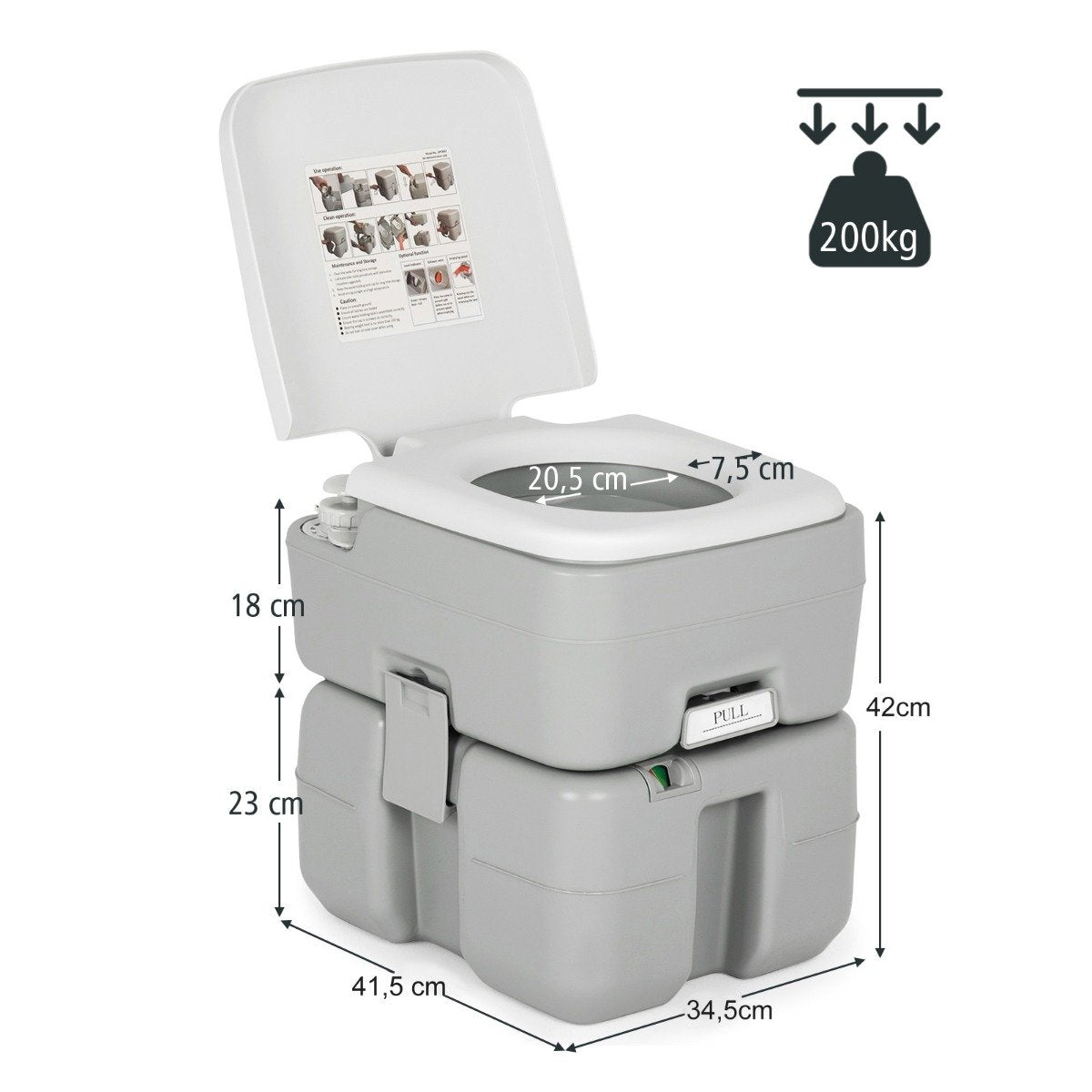 Portable Camping Toilet with 10L Freshwater Tank, Grey