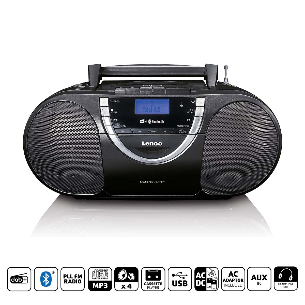 Portable DAB+ and FM Radio with CD Cassette and Bluetooth Black