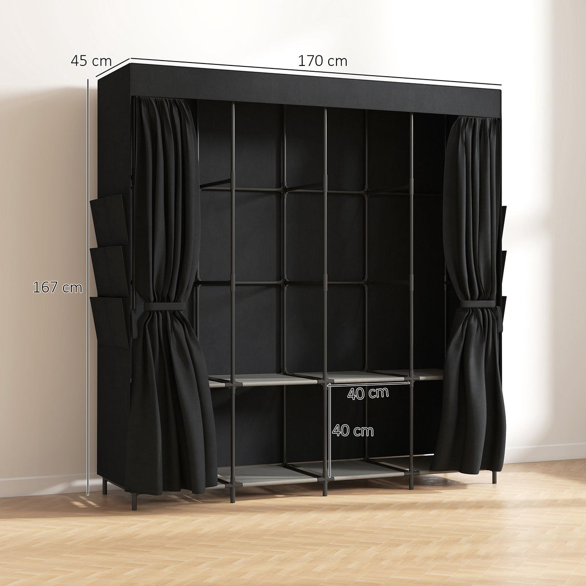 Portable Fabric Wardrobe, Dustproof, Black, 170 x 45 x 167 cm