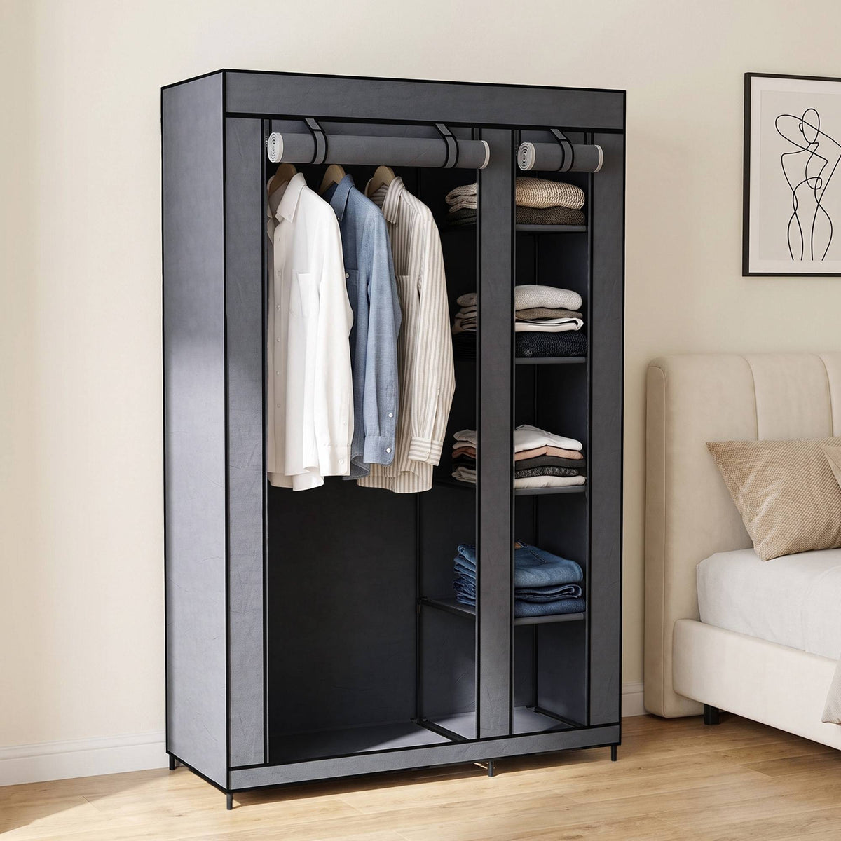 Portable Fabric Wardrobe with Hanging Rail & 5 Shelves, Grey