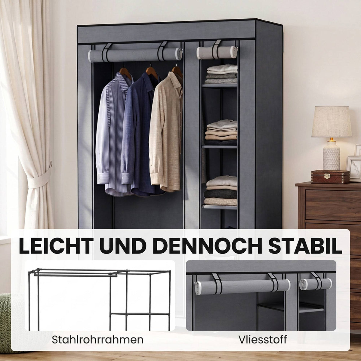 Portable Fabric Wardrobe with Hanging Rail & 5 Shelves, Grey