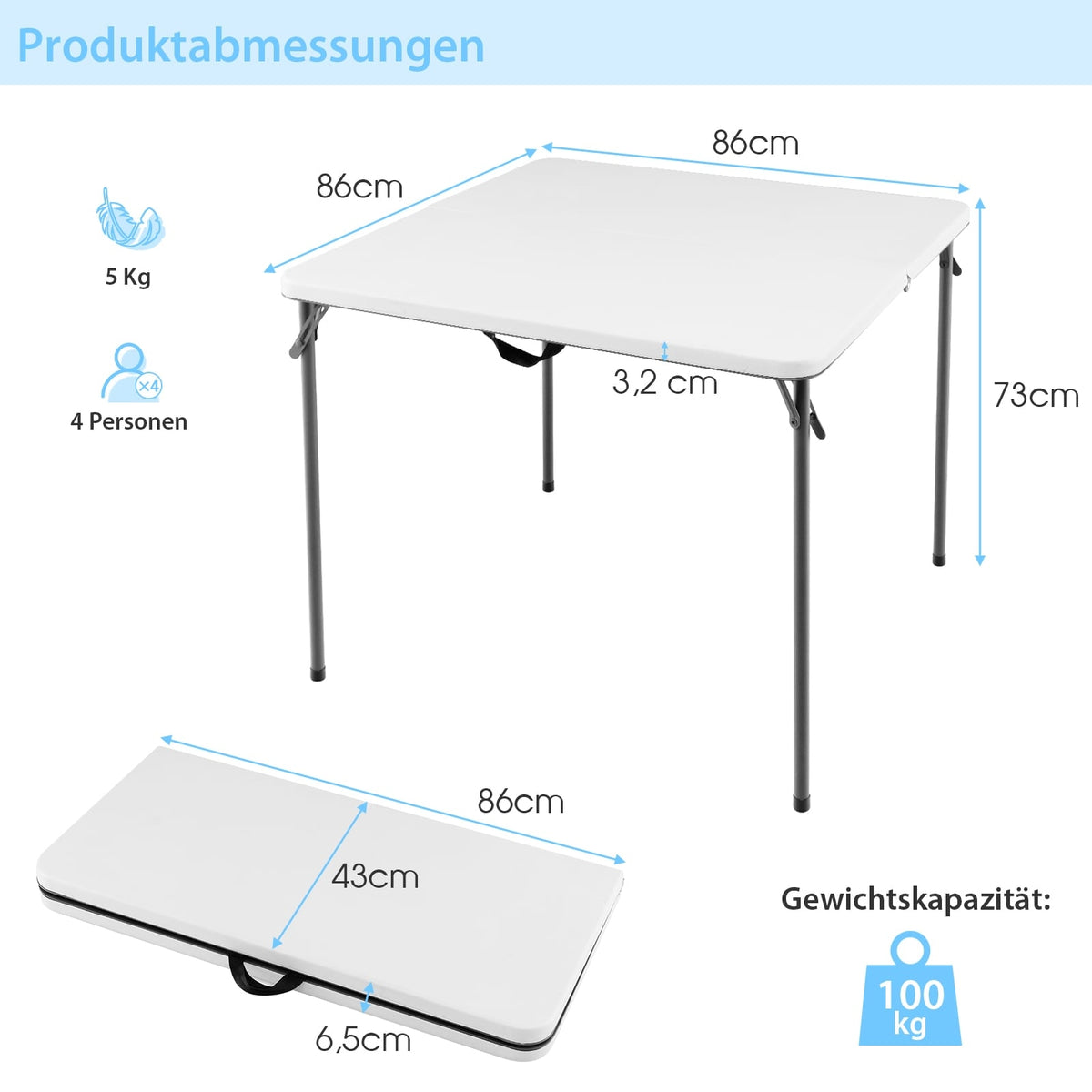 Portable Folding Camping Table with Handle, White, HDPE