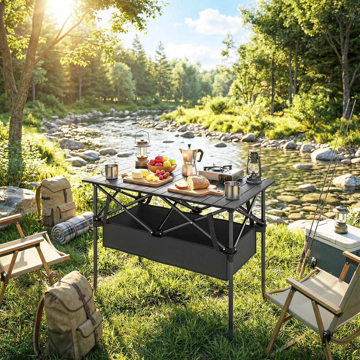 Portable Folding Camping Table with Mesh Storage, Black