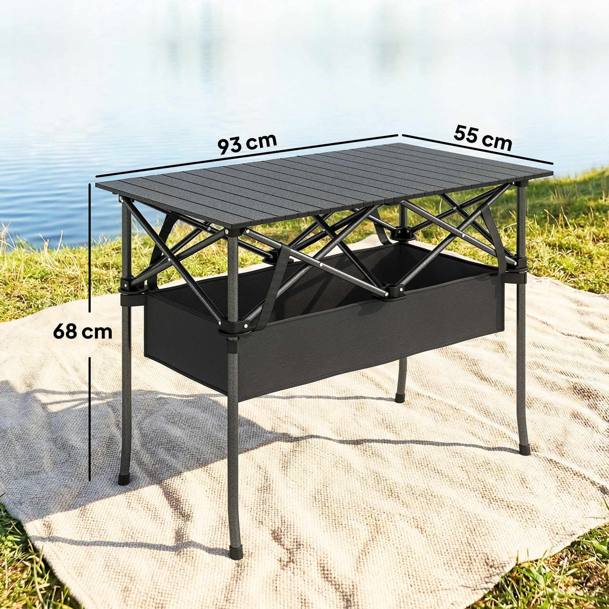 Portable Folding Camping Table with Mesh Storage, Black