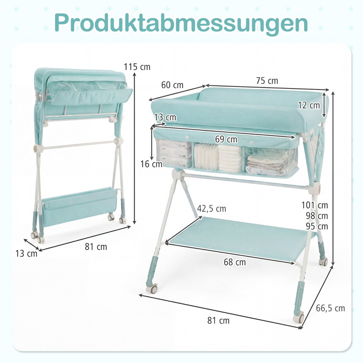 Portable Folding Changing Table with Adjustable Height & Lockable Wheels