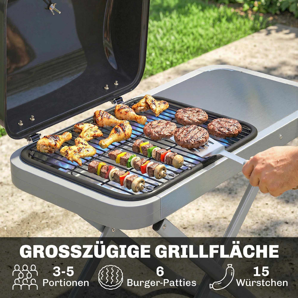 Portable Gas Grill with 1 Burner, Foldable Cart, Thermometer