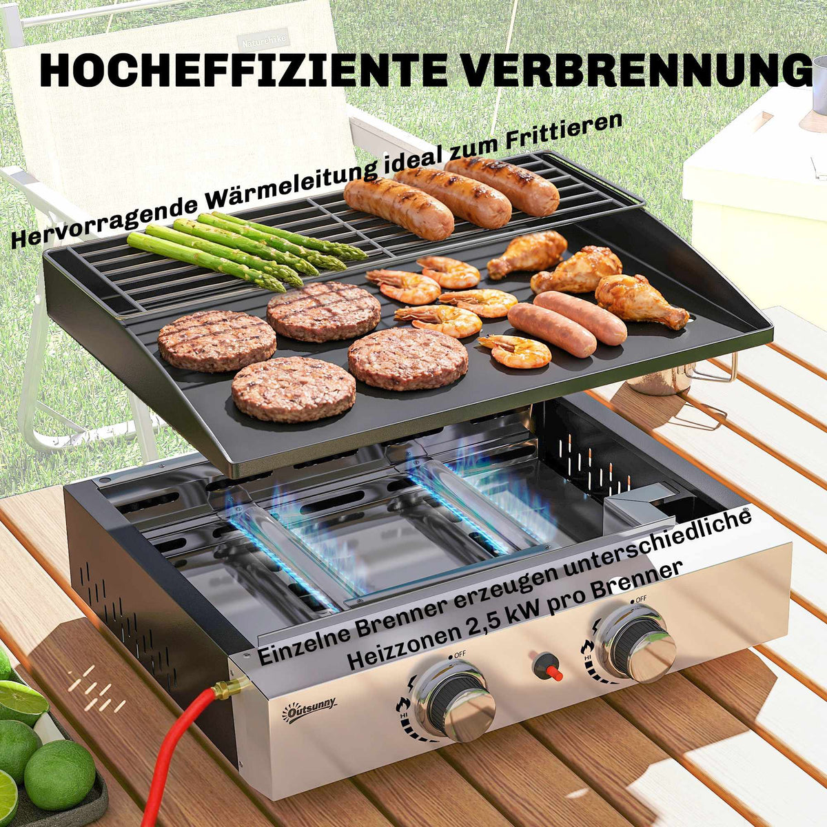 Portable Gas Grill with 2 Burners, Ceramic Coated Grate