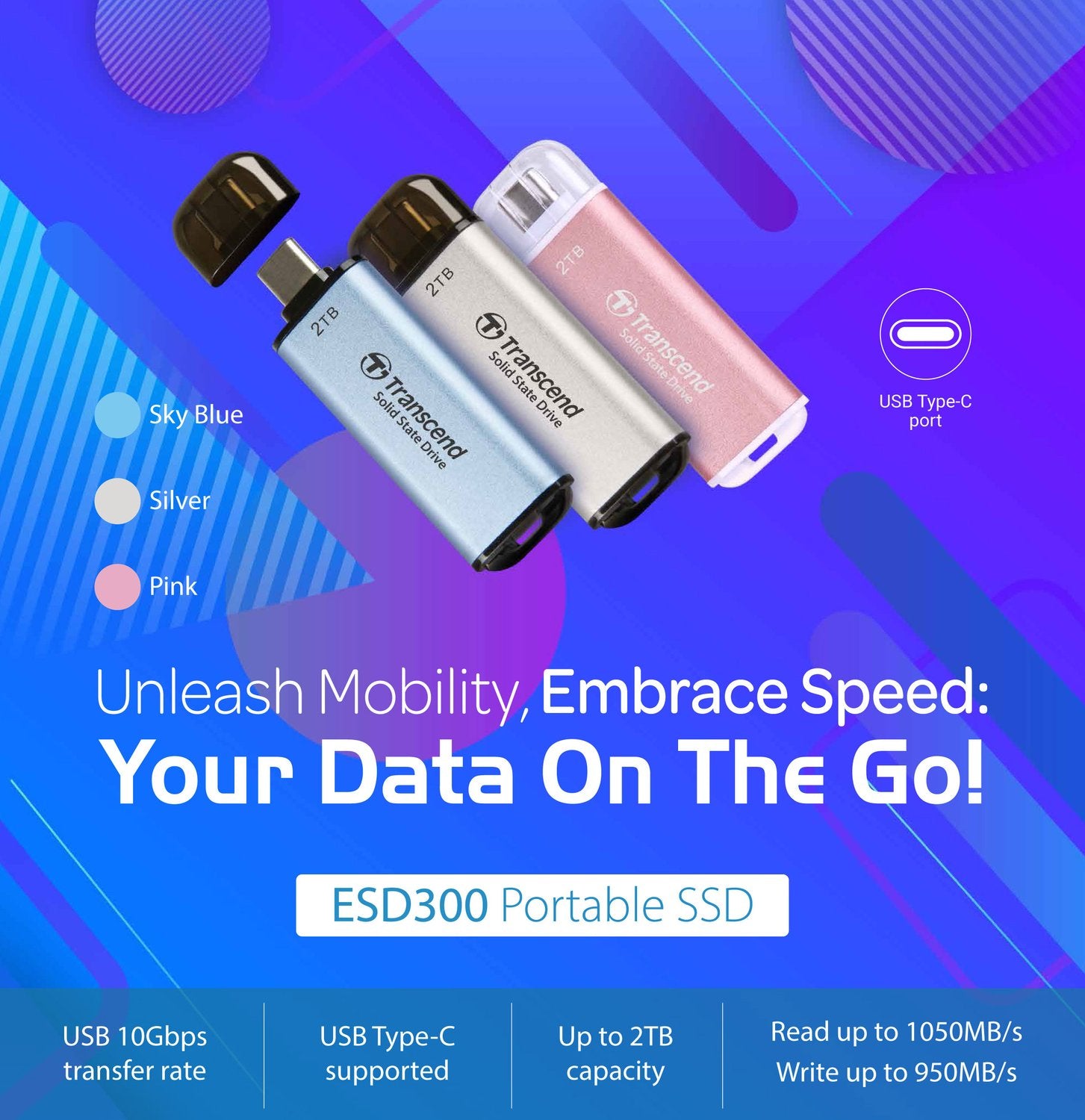 Portable Mini SSD ESD300C USB-C 500Gb 10Gbps (R1050/W950 Mb/s) Silver