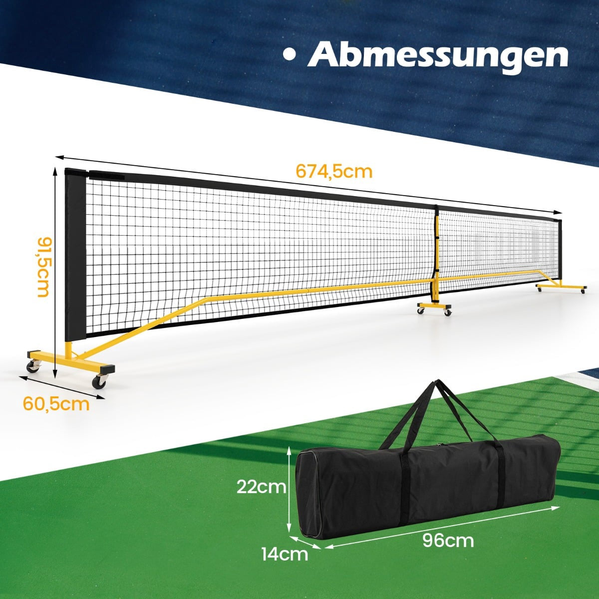 Portable Pickleball Net with Wheels, 6.7m, Metal Frame