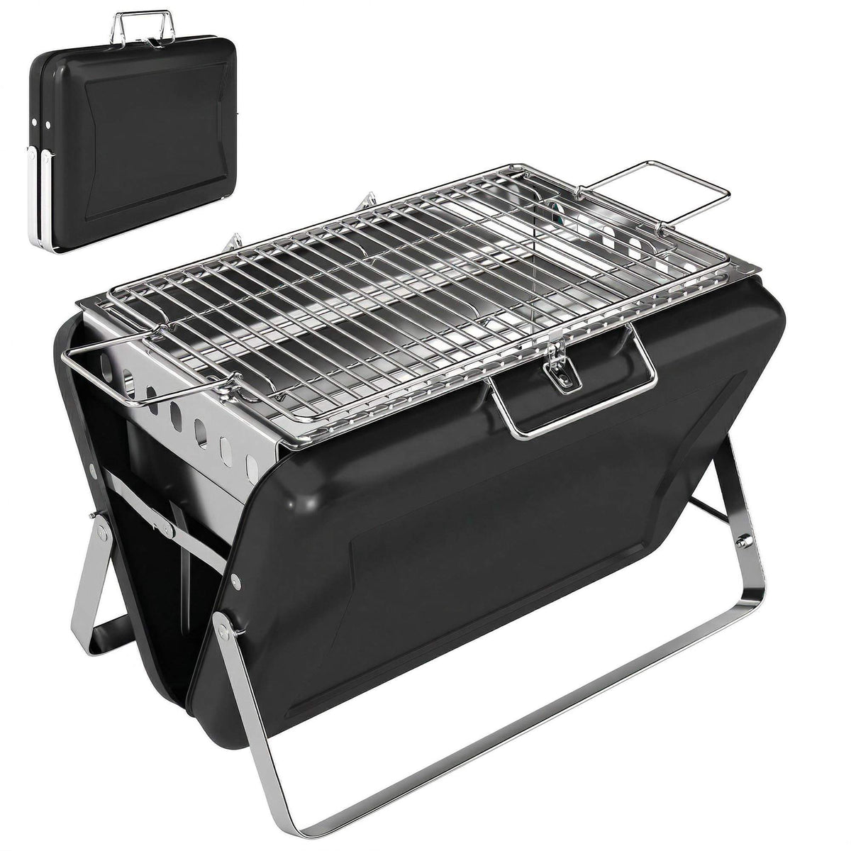 Portable Stainless Steel Charcoal Grill, Folding Legs, 40x28x25.5 cm