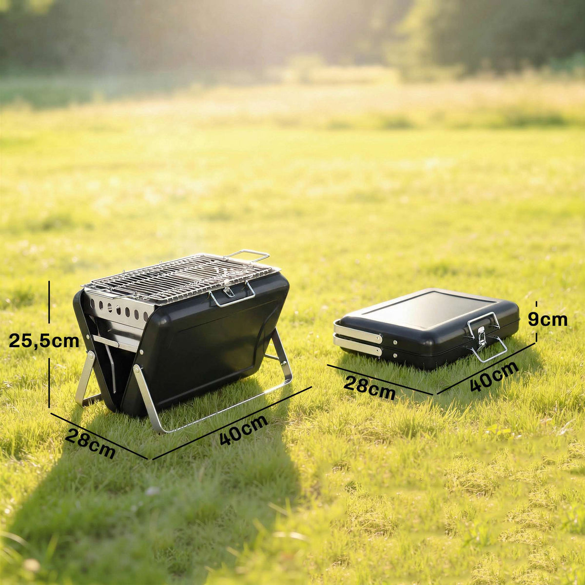 Portable Stainless Steel Charcoal Grill, Folding Legs, 40x28x25.5 cm