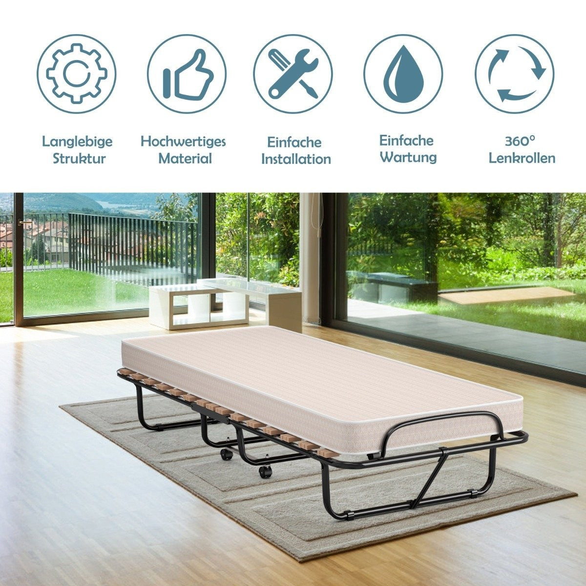 Portable guest bed on wheels with memory foam mattress 80 x 190 x 33 cm light beige made in Italy Origin: Italy
