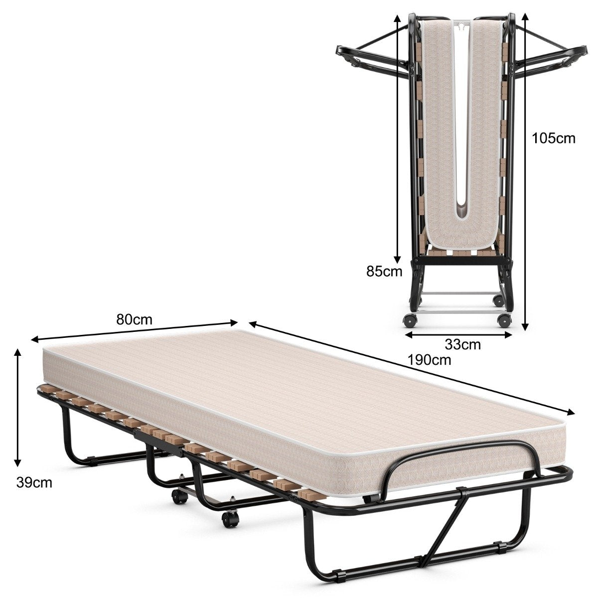 Portable guest bed on wheels with memory foam mattress 80 x 190 x 33 cm light beige made in Italy Origin: Italy