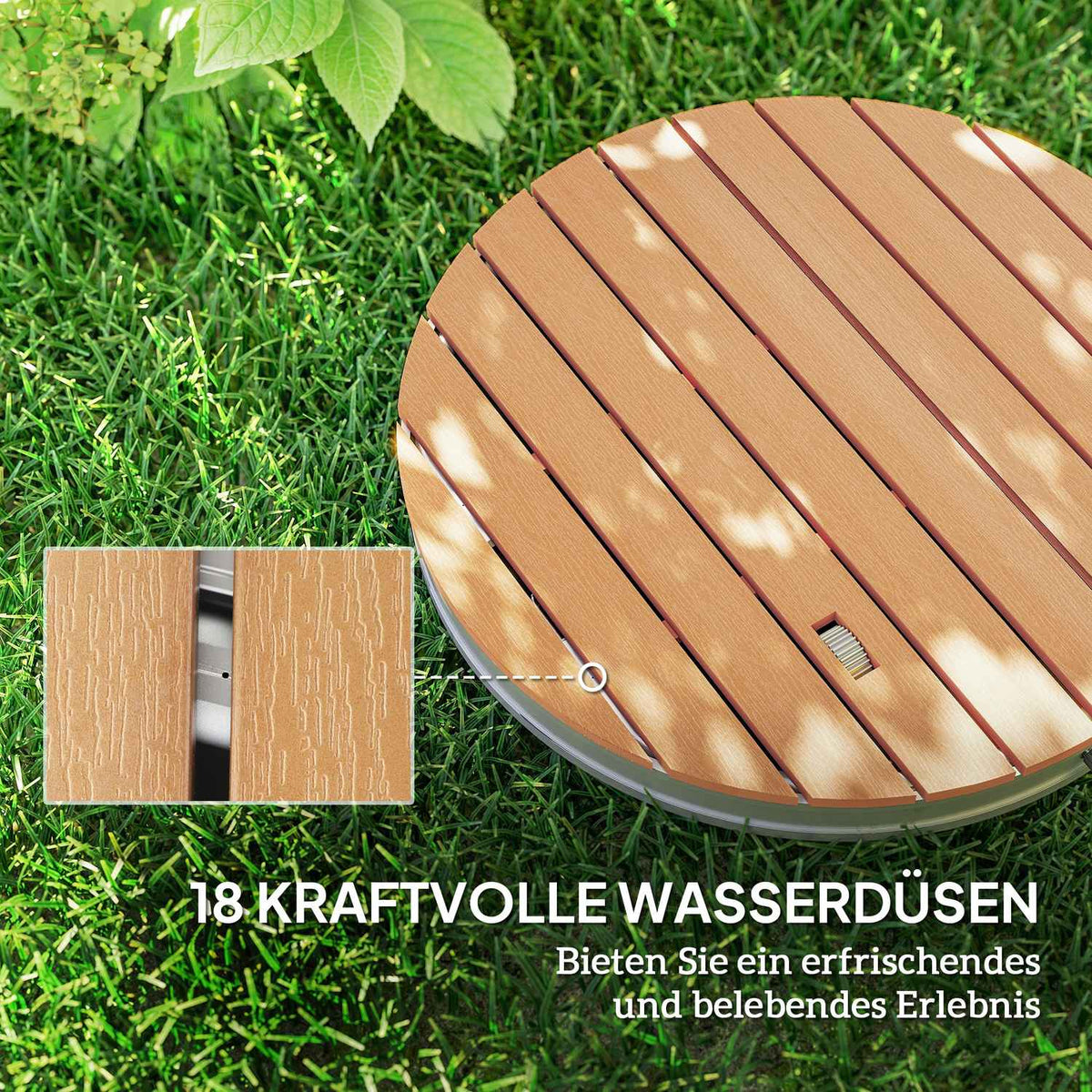 Portable outdoor shower set with adjustable fountain, aluminum base, UV and frost resistant, natural wood look