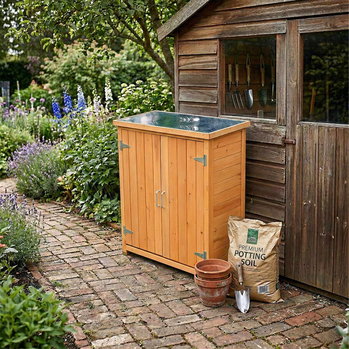 Potting Table with Cabinet and Galvanized Worktop