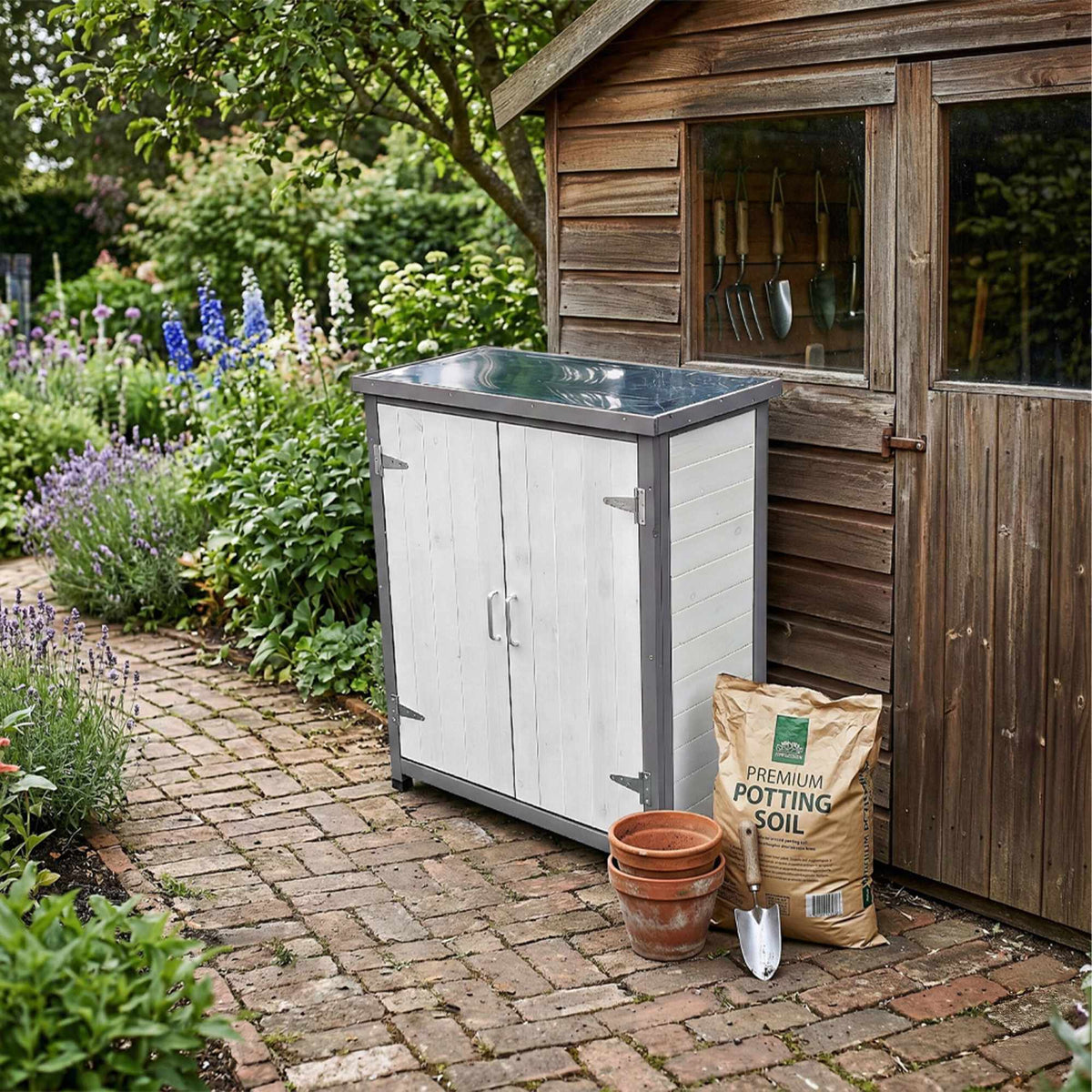 Potting Table with Cabinet and Galvanized Worktop