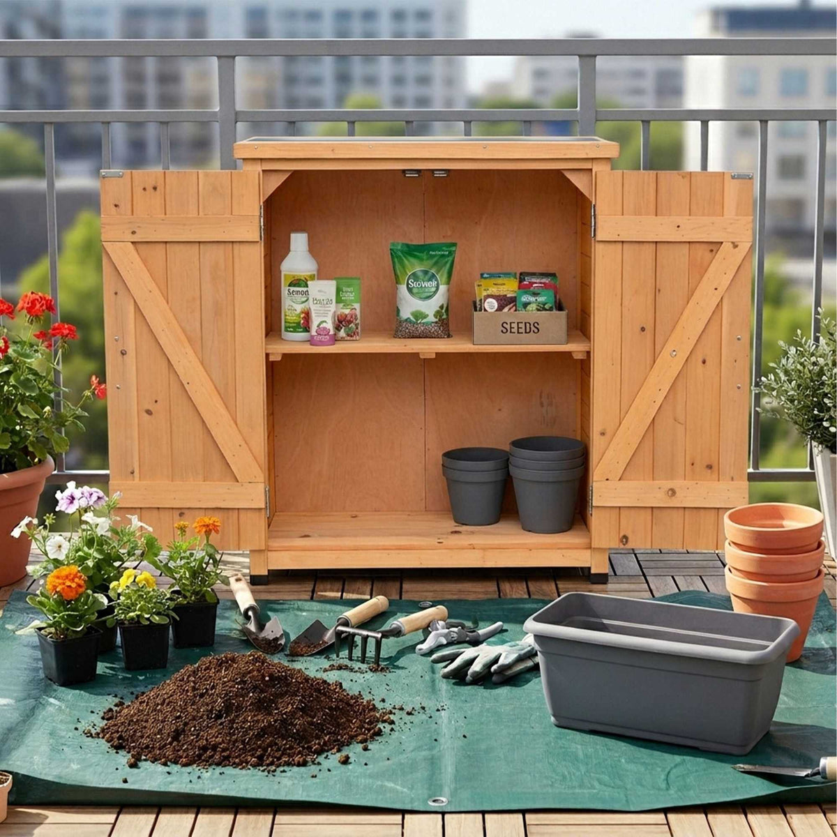 Potting Table with Cabinet and Galvanized Worktop