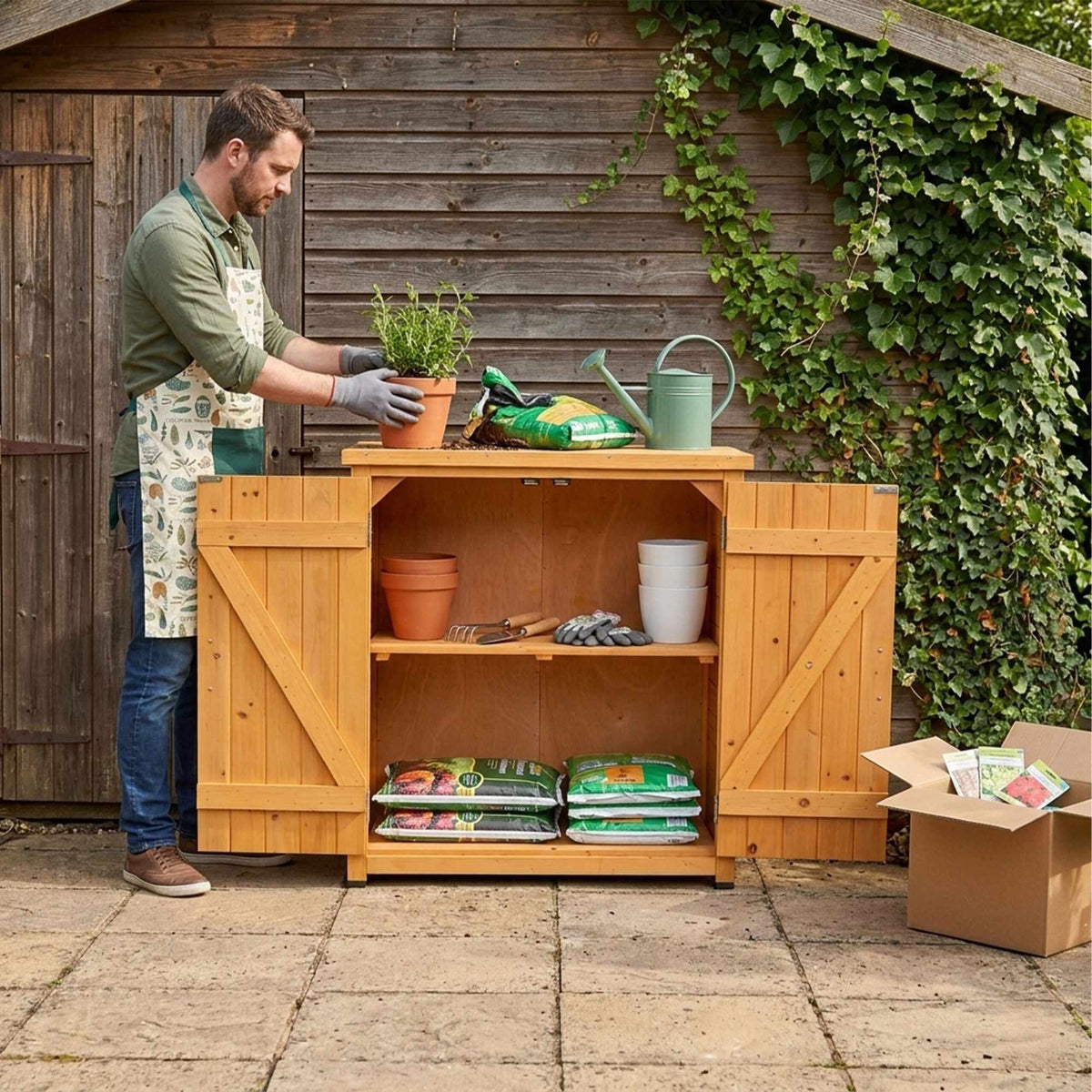 Potting Table with Cabinet and Galvanized Worktop