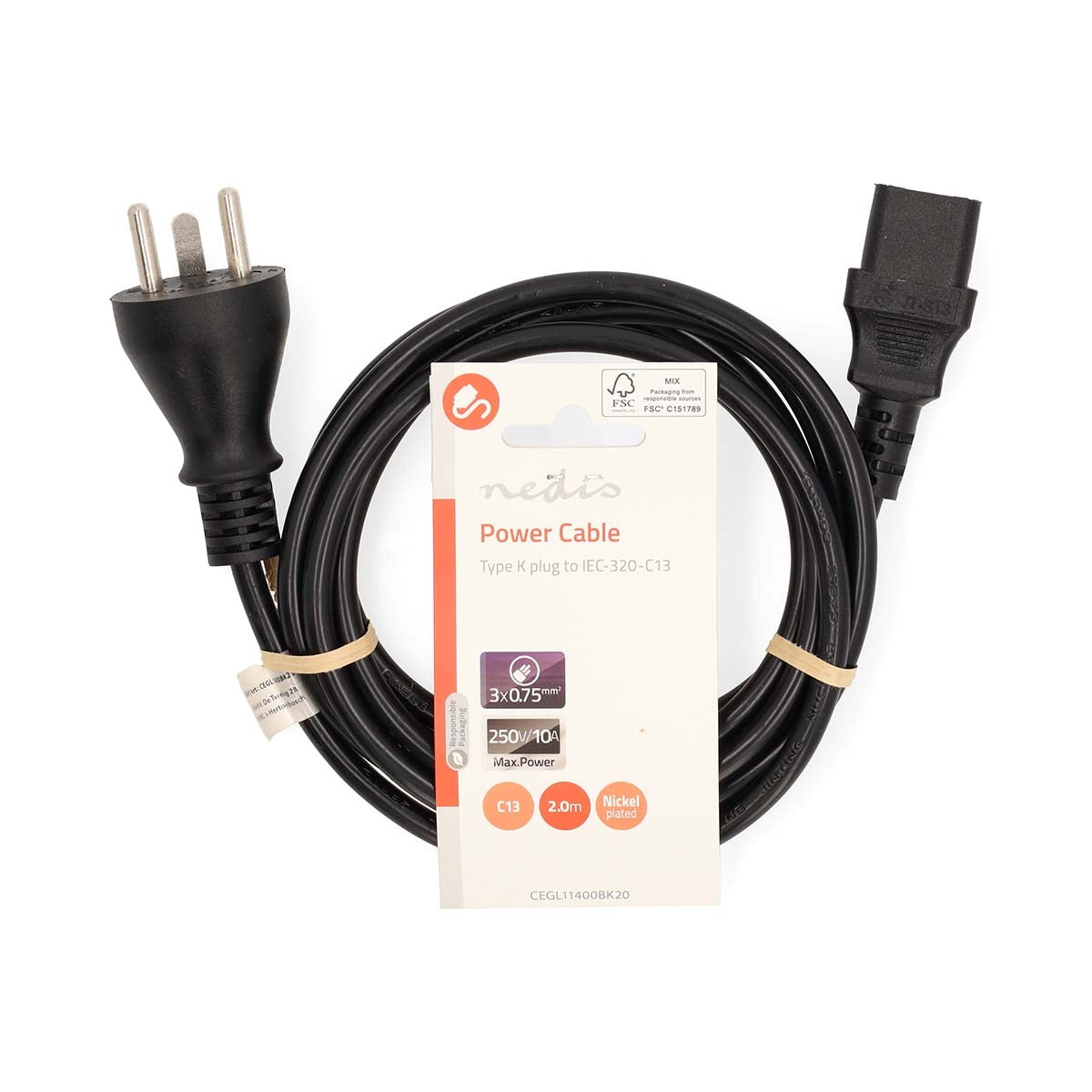 Power Cable | Denmark Male | IEC-320-C13 | Straight | Straight | Nickel Plated | 2.00 m | Round | PVC | Black | Label