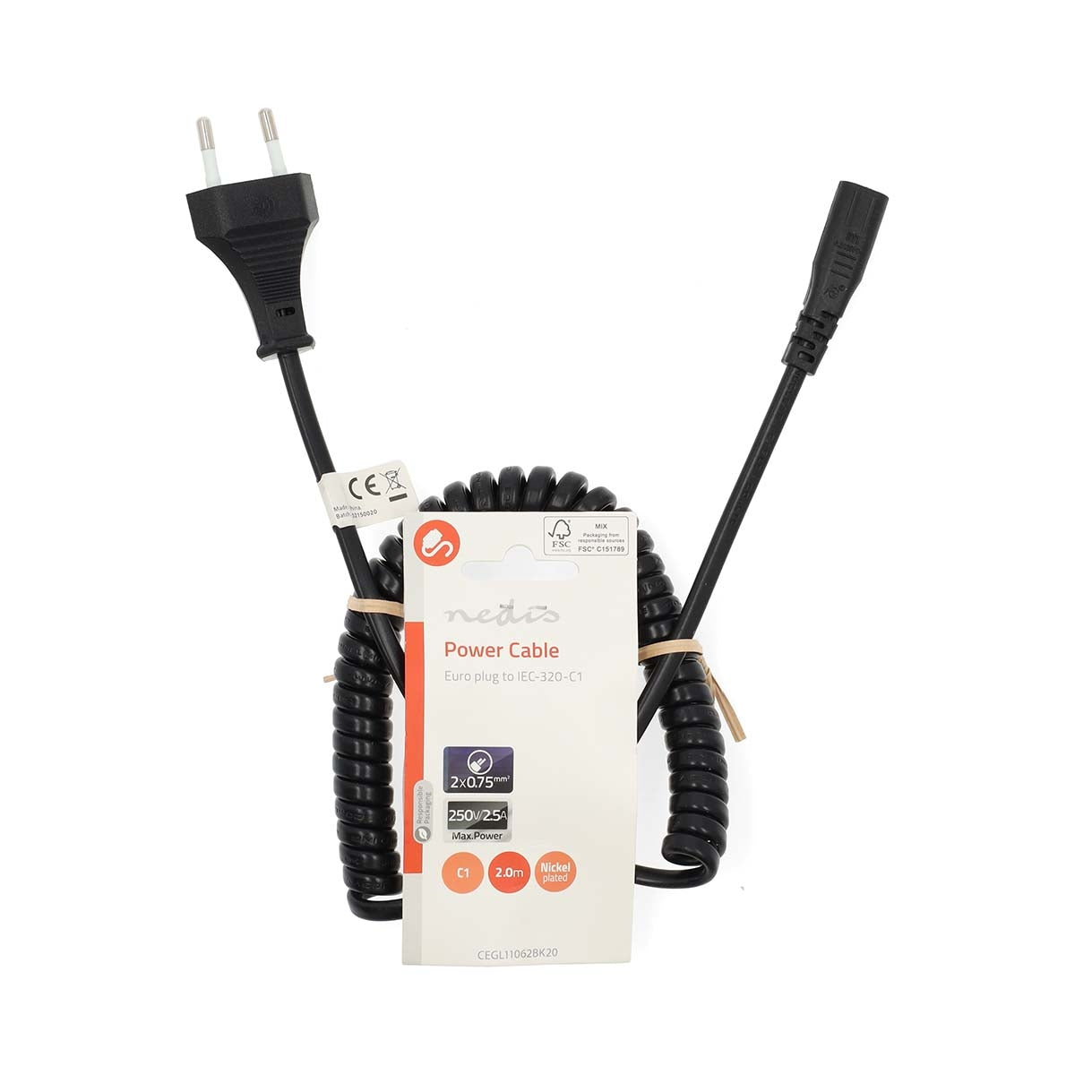 Power Cable | Euro Male | IEC-320-C1 | Straight | Straight | Nickel Plated | 2.00 m | Coiled | PVC | Black | Label