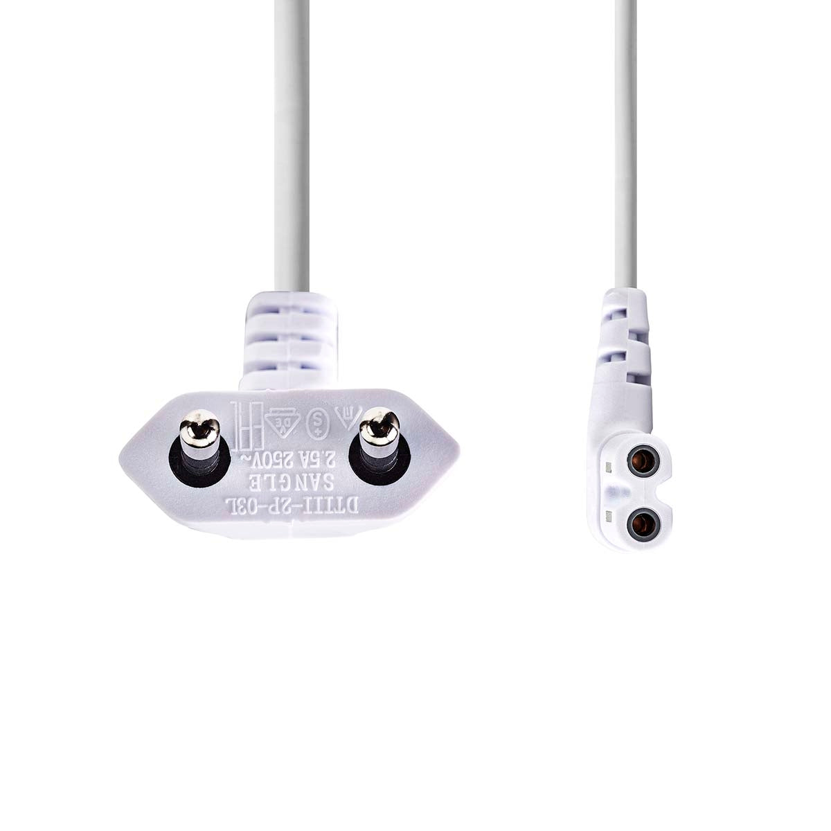 Power Cable | Euro Male | IEC-320-C7 | Angled | Angled Left | Nickel Plated | 2.00 m | Flat | PVC | White | Label