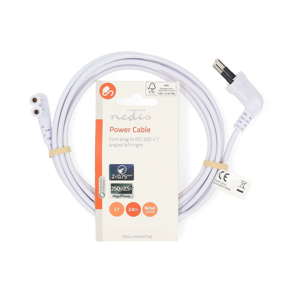 Power Cable | Euro Male | IEC-320-C7 | Angled | Angled Left | Nickel Plated | 2.00 m | Flat | PVC | White | Label
