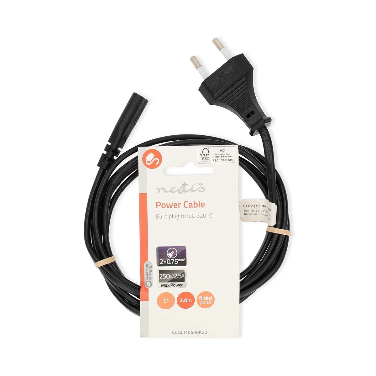 Power Cable | Euro Male | IEC-320-C7 | Straight | Straight | Nickel Plated | 2.00 m | Round | ABS/PVC | Black | Label