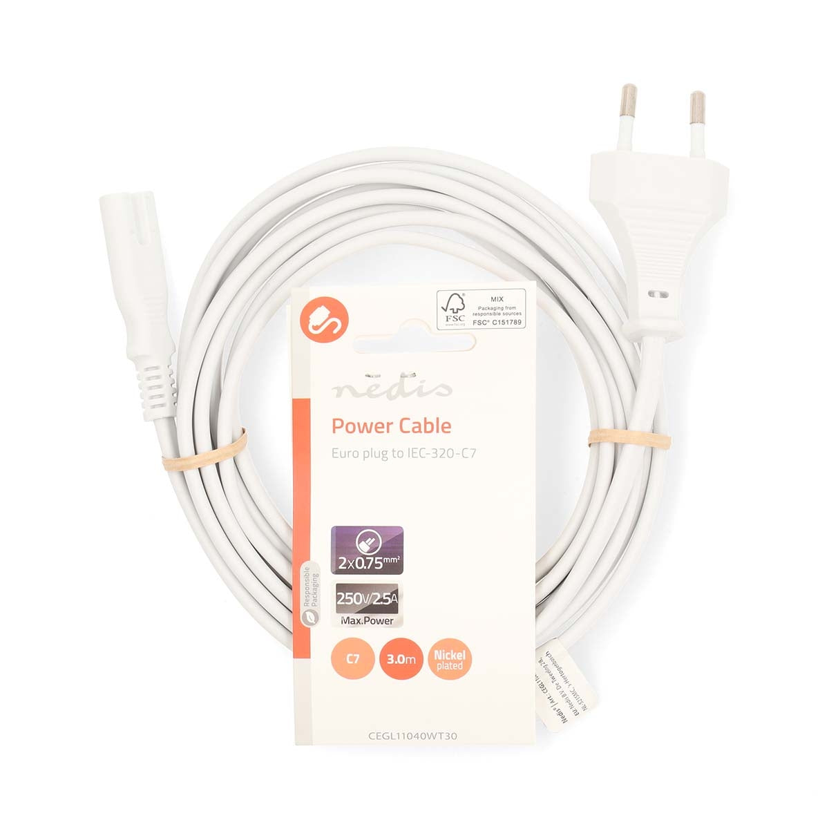 Power Cable | Euro Male | IEC-320-C7 | Straight | Straight | Nickel Plated | 3.00 m | Flat | PVC | White | Label