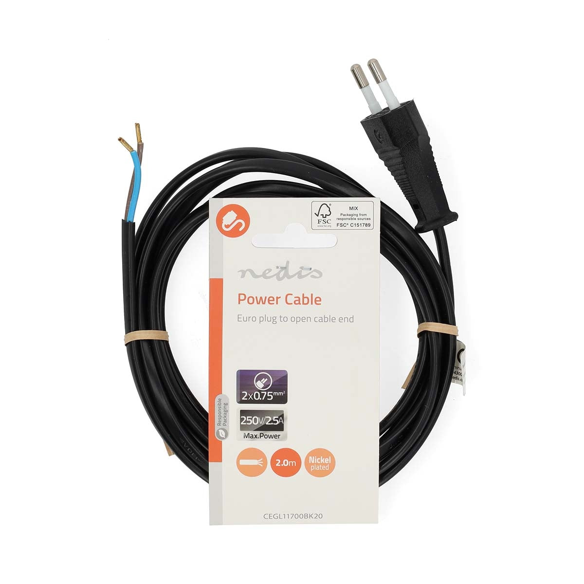 Power Cable | Euro Male | Open | Straight | Straight | Nickel Plated | 2.00 m | Flat | PVC | Black | Label