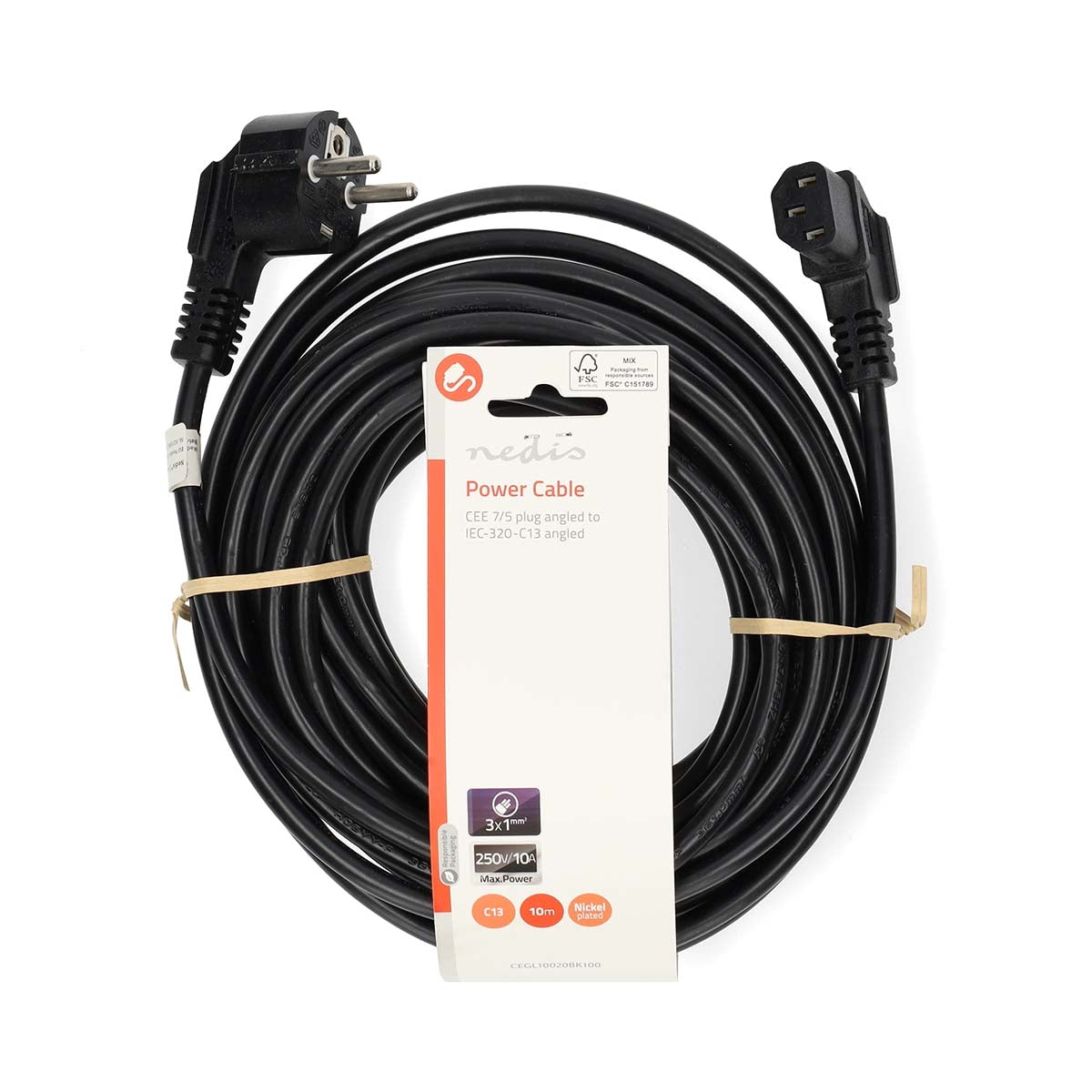 Power Cable | Plug with earth contact male | IEC-320-C13 | Angled | Angled | Nickel Plated | 10.0 m | Round | PVC | Black | Label